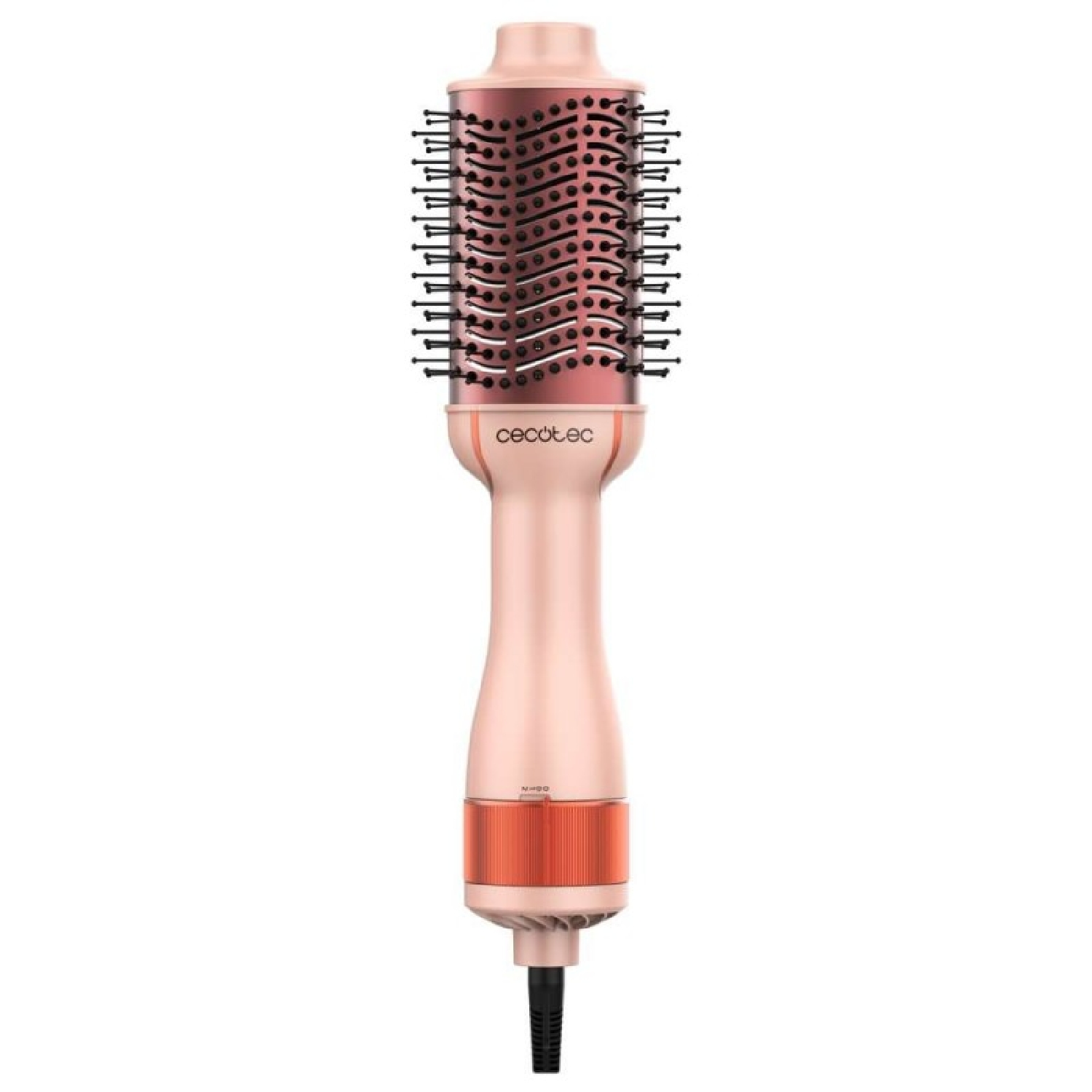 Ein roségoldener Haartrockner mit rundem Bürstenkopf und schwarzem Griff.