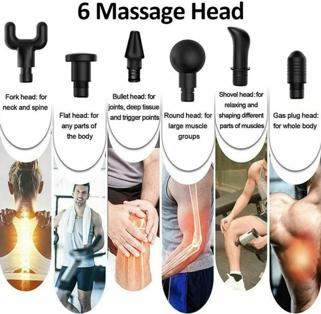 6 Massageköpfe: Gabel-, Flach-, Kugel-, Spitzen-, Schaufel- und Gassteckerköpfe, die verschiedene Körperteile massieren.