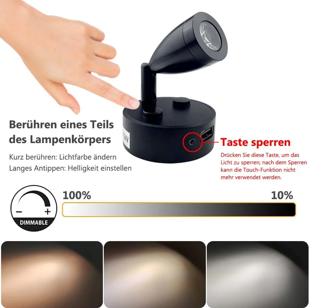 Ein Finger berührt eine schwarze, dimmbare Lampe mit USB-Anschluss. Helligkeitsskala gezeigt.