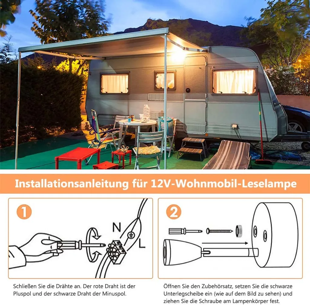 Eine Wohnmobil-Außenansicht bei Nacht mit Beleuchtung und Installationsanleitung.