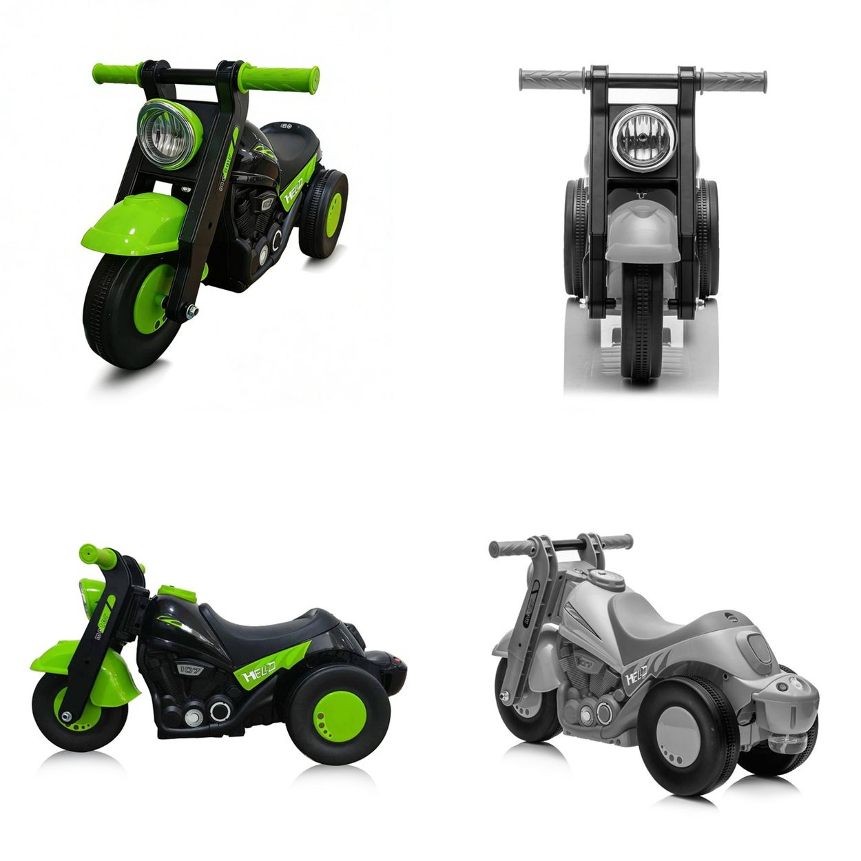 Zwei Kinderfahrräder, eins grün-schwarz, eins grau, auf weißem Hintergrund.