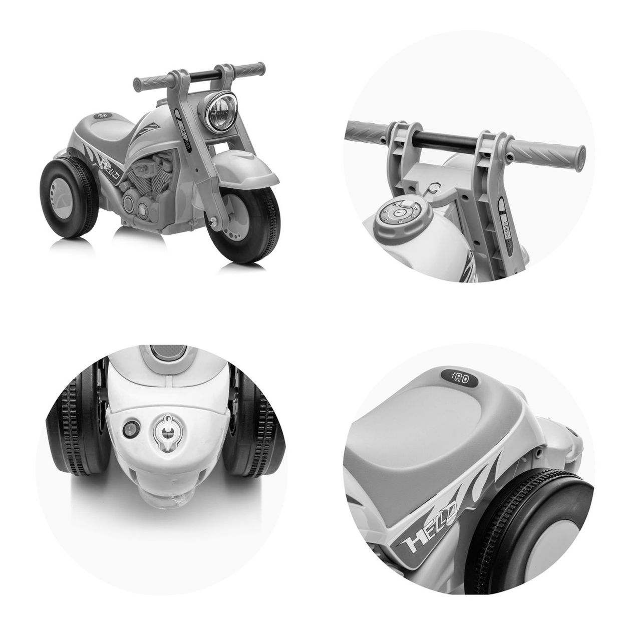 Ein dreirädriges Spielzeugmotorrad in Grau mit detaillierten Nahaufnahmen.