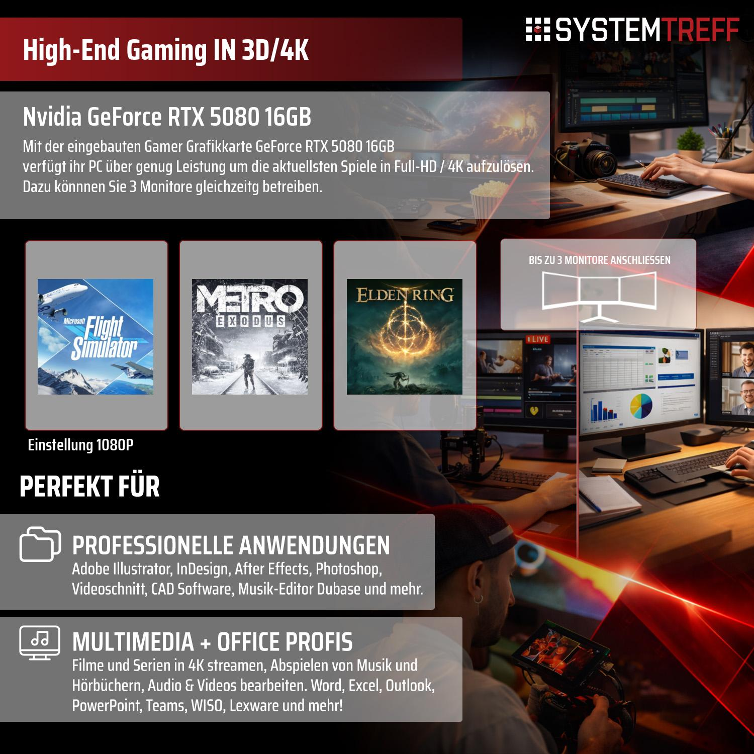 Hochleistungs-PC mit RTX 5080, 3 Monitore, Spiele & Profi-Anwendungen.