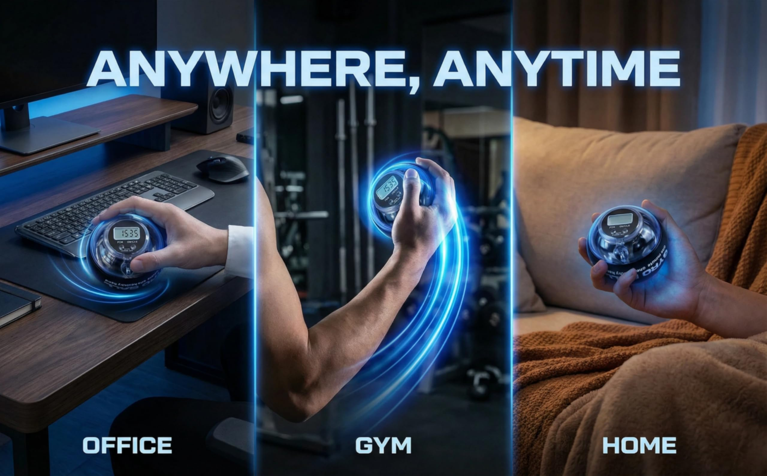 Ein Mann hält einen Gyro-Ball im Büro, Fitnessstudio und zu Hause.