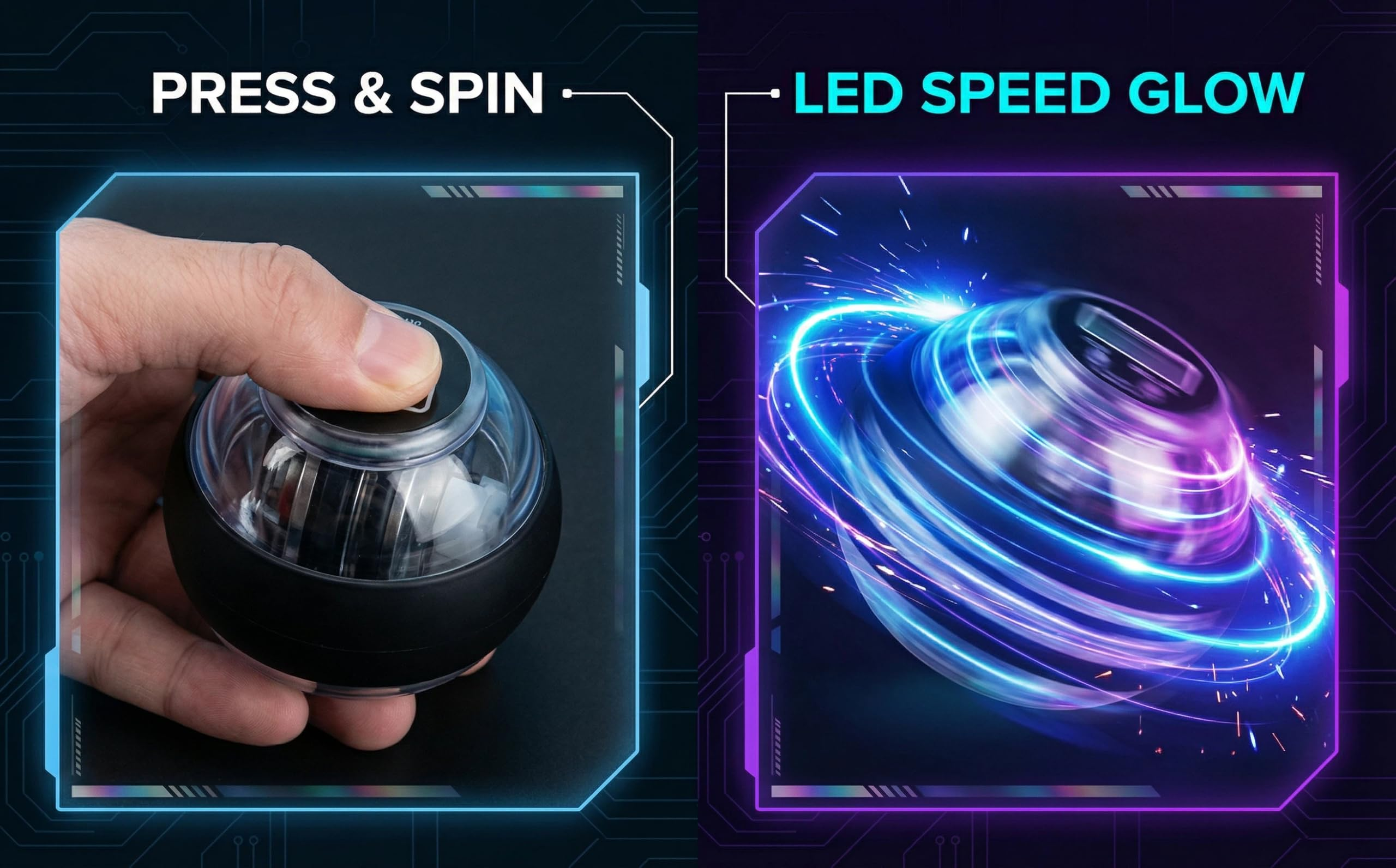Hand drückt Gyroskopball; Ball dreht sich schnell mit blauen und lila Lichtern.
