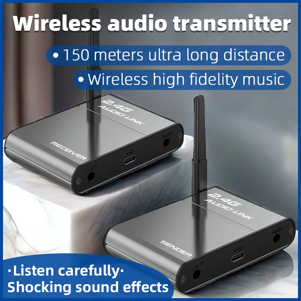 Zwei drahtlose Audio-Sender/Empfänger-Geräte auf Marmorblöcken.