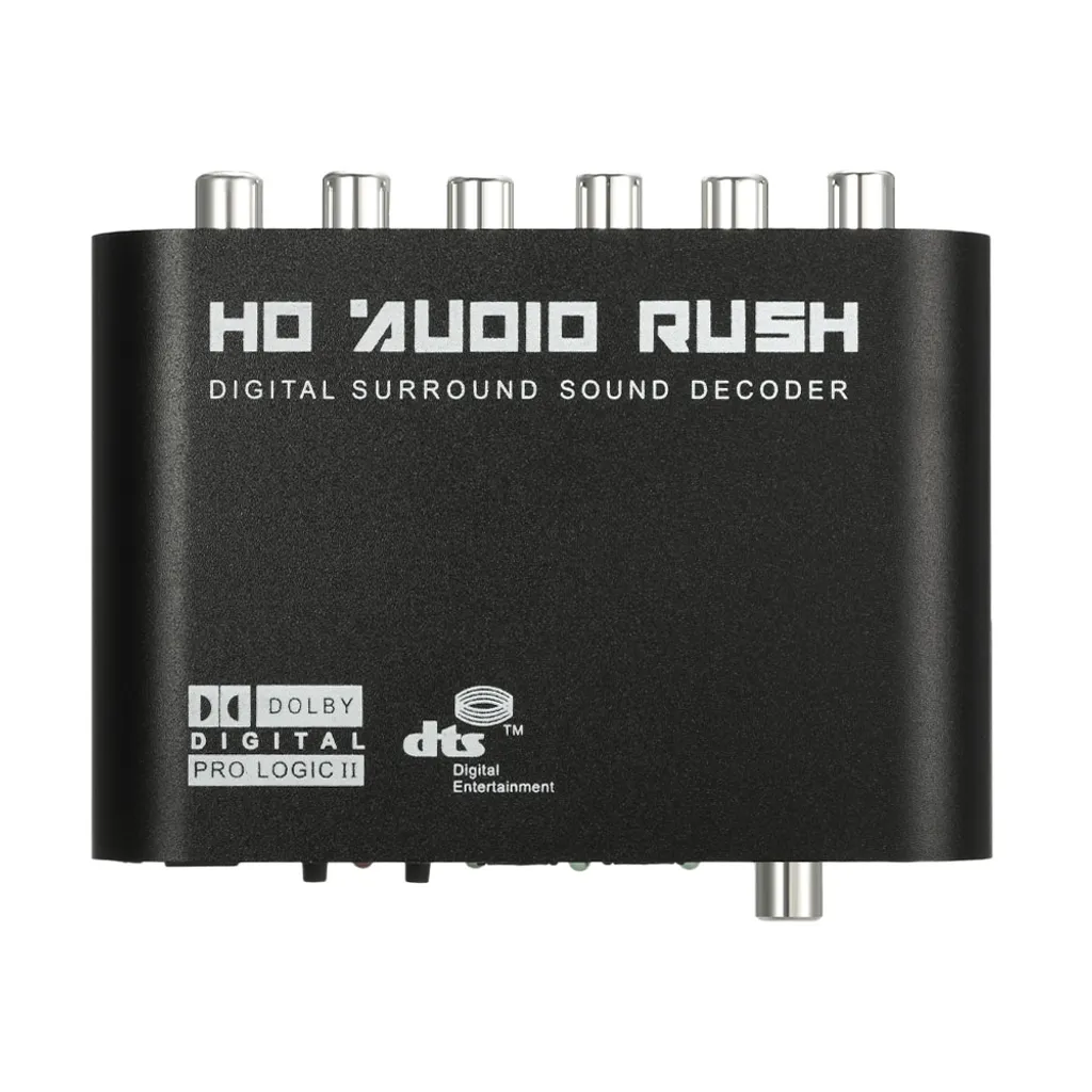 Schwarzer Digital Surround Sound Decoder mit Anschlüssen und Logos von Dolby und DTS.