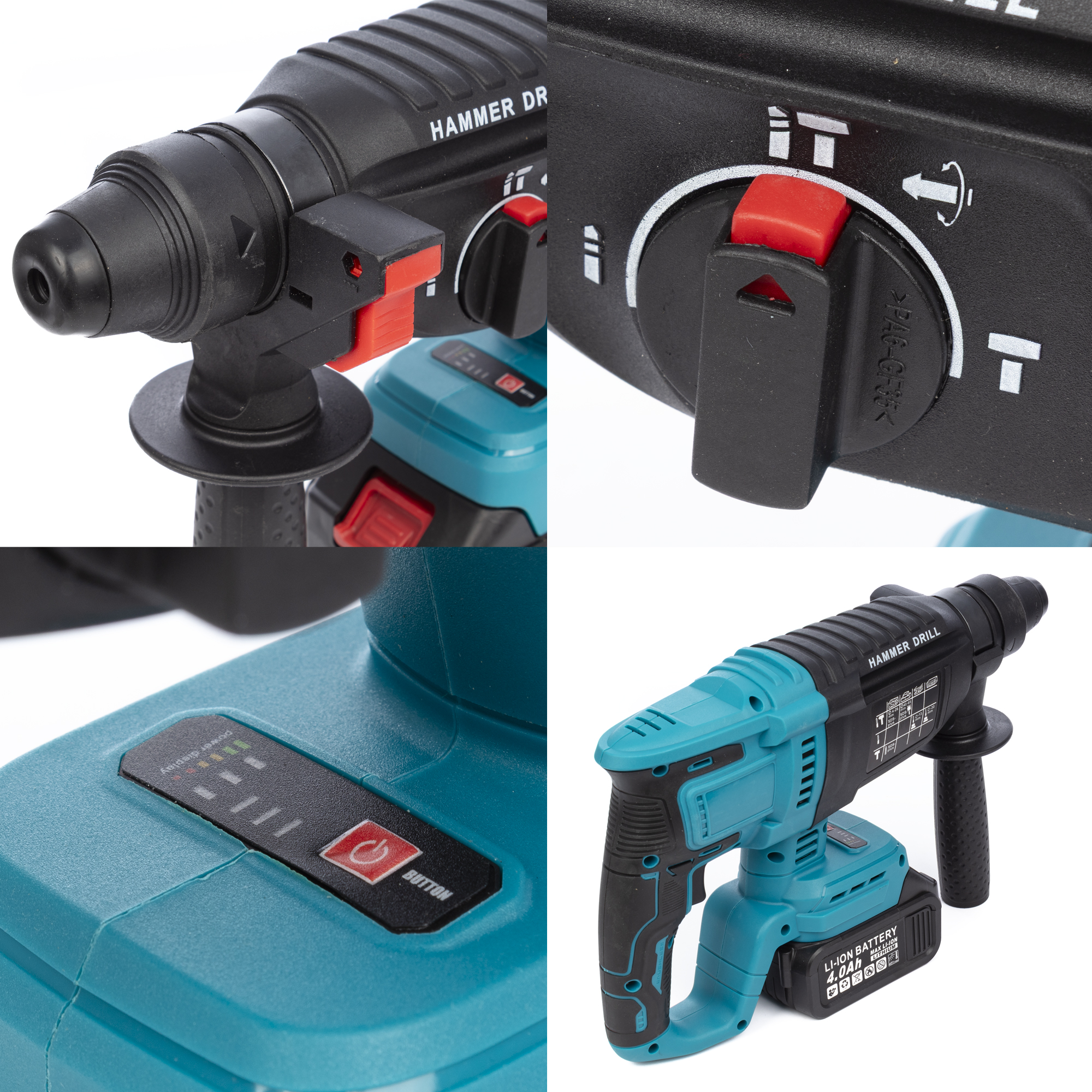 Un taladro percutor azul verdoso y negro con batería de iones de litio y controles.