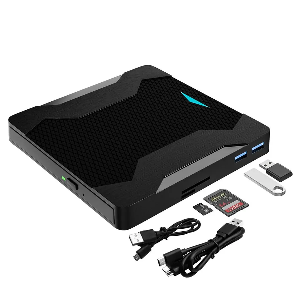 Schwarzes technisches Gerät mit USB-Anschlüssen, Speicherkarten und Kabeln.