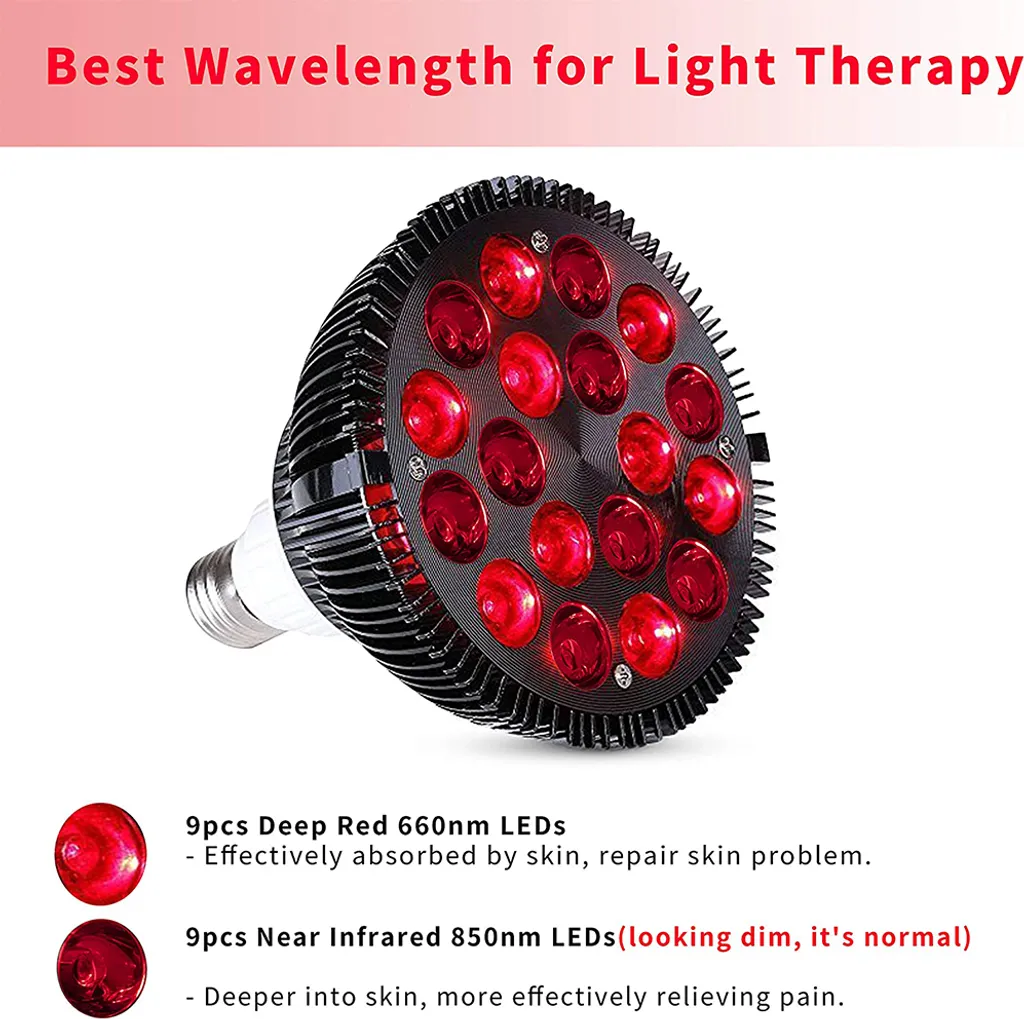 Eine schwarze Lichttherapielampe mit roten LEDs. Text beschreibt Wellenlängen.