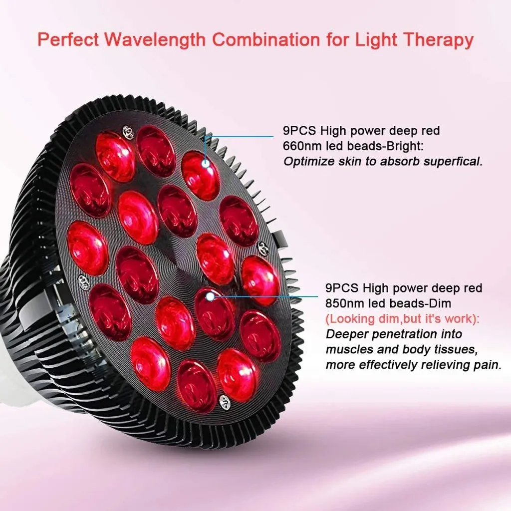 Rotlicht-Therapiegerät mit 18 roten LEDs. Text beschreibt 660nm und 850nm Wellenlängen.