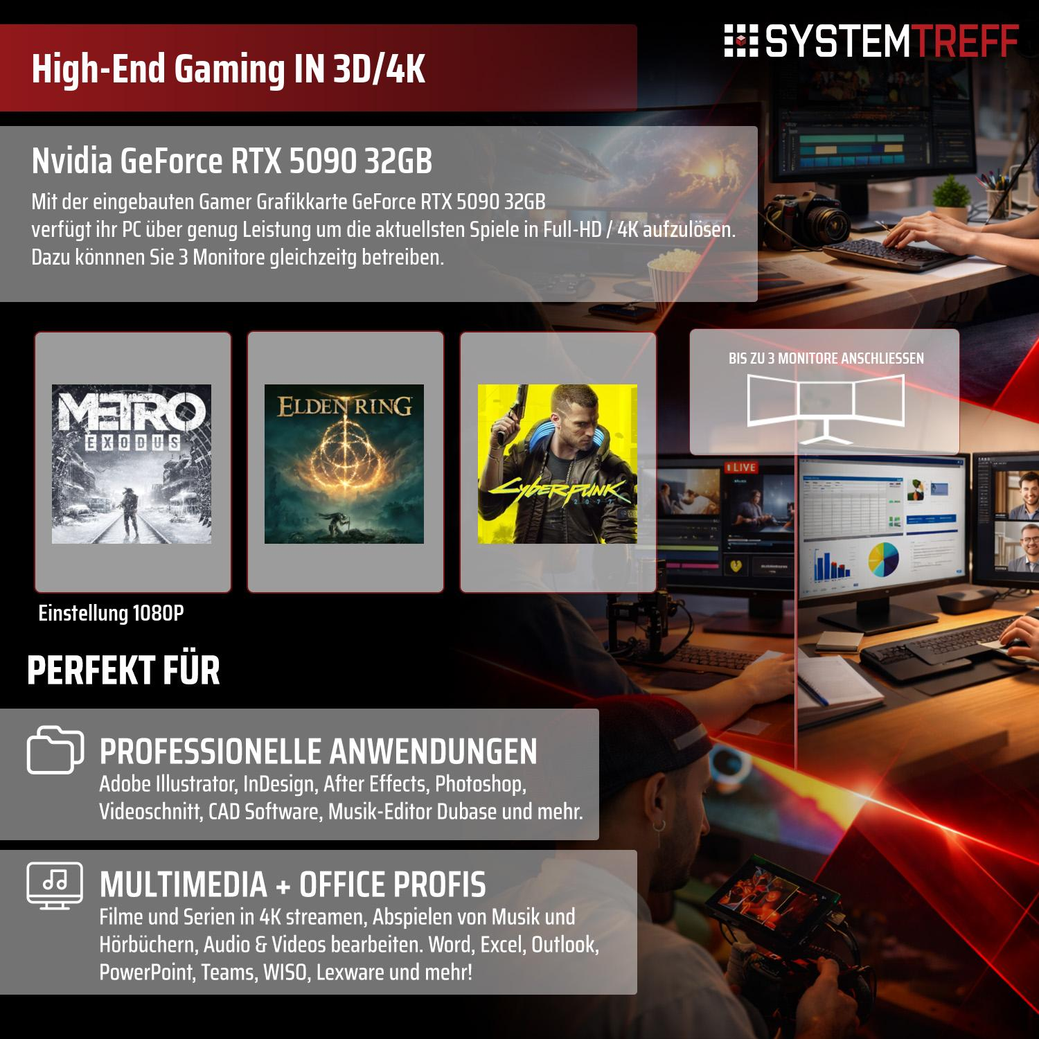 PC mit RTX 5090 für Gaming, Profi-Anwendungen und Multimedia. Unterstützt 3 Monitore.