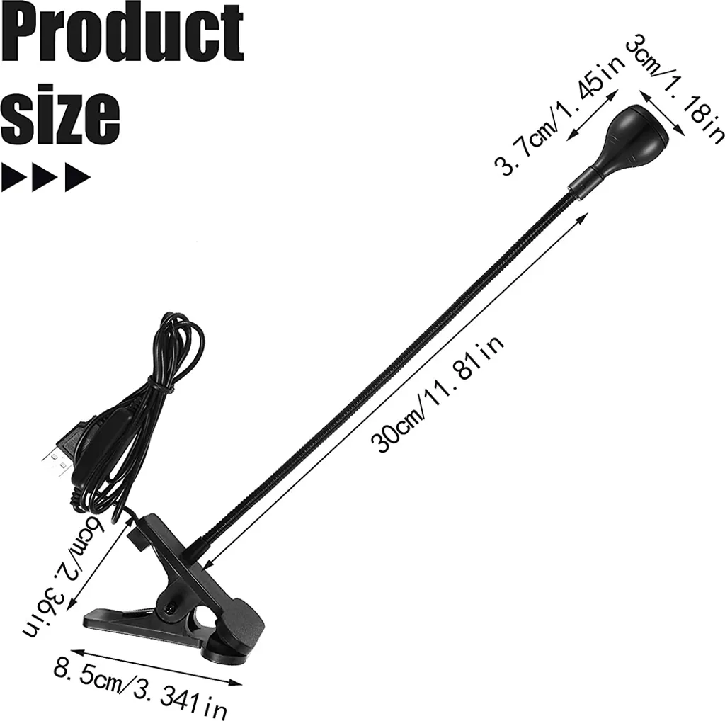 Schwarze Leseleuchte mit Clip, flexiblem Schwanenhals und USB-Stecker. Maße beschriftet.