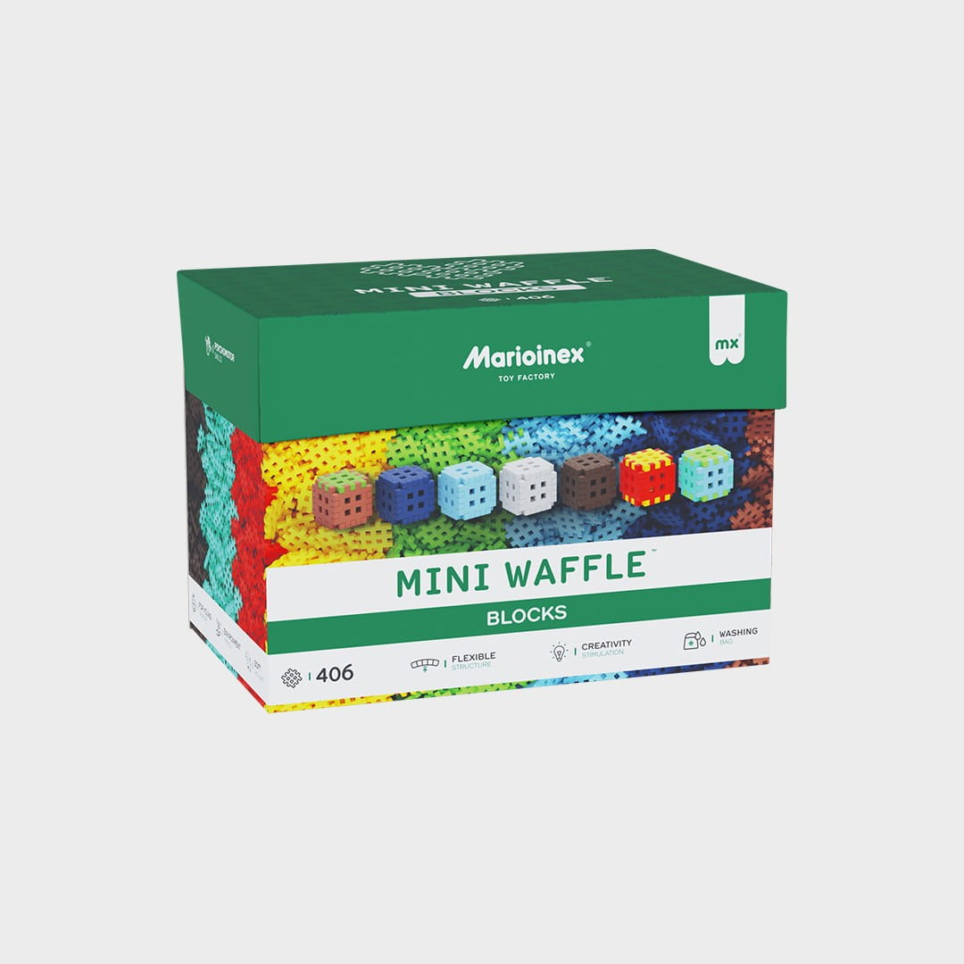 Pudełko klocków Marioinex Mini Waffle w różnych kolorach, z logo fabryki zabawek.