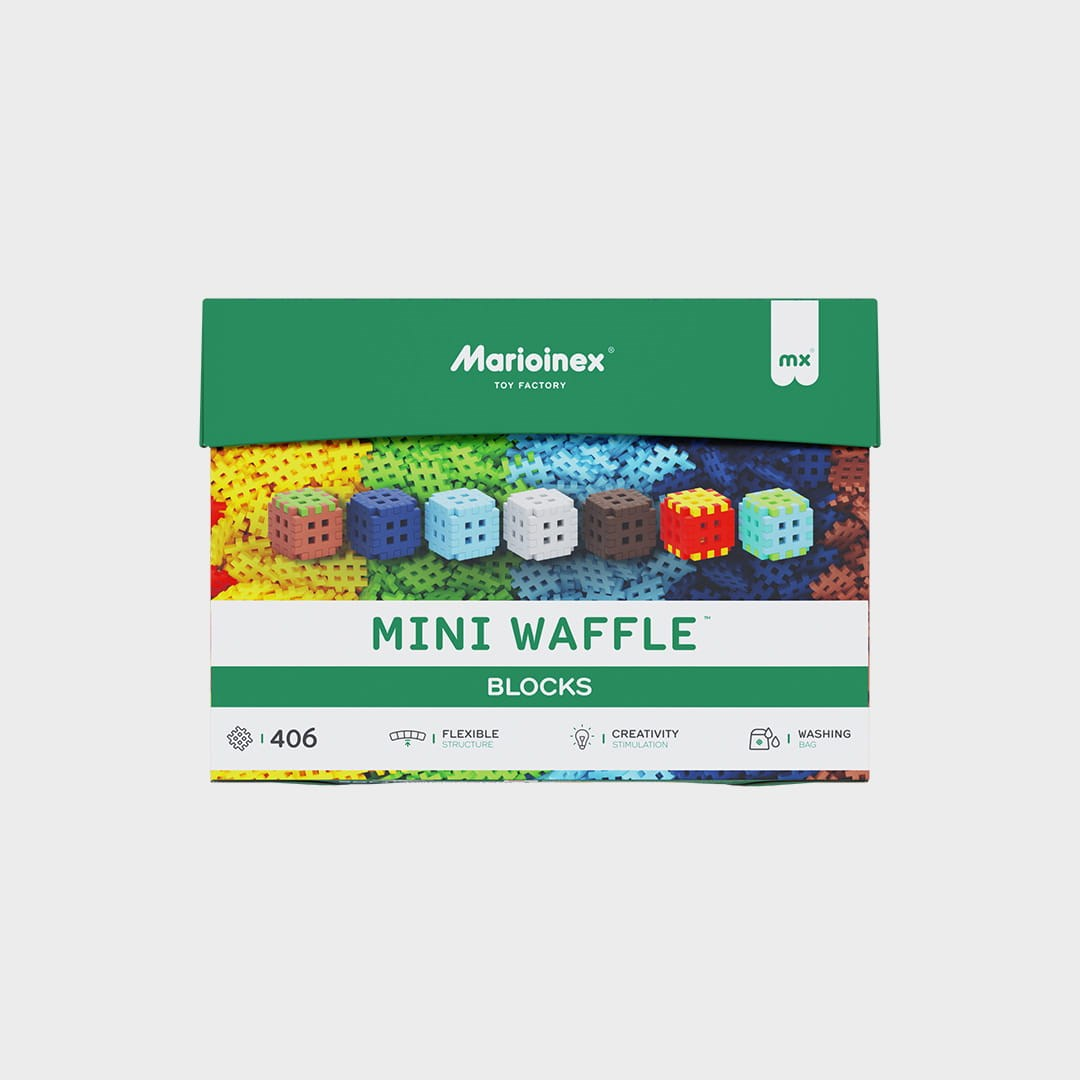 Pudełko klocków Marioinex Mini Waffle w różnych kolorach z ikonami.