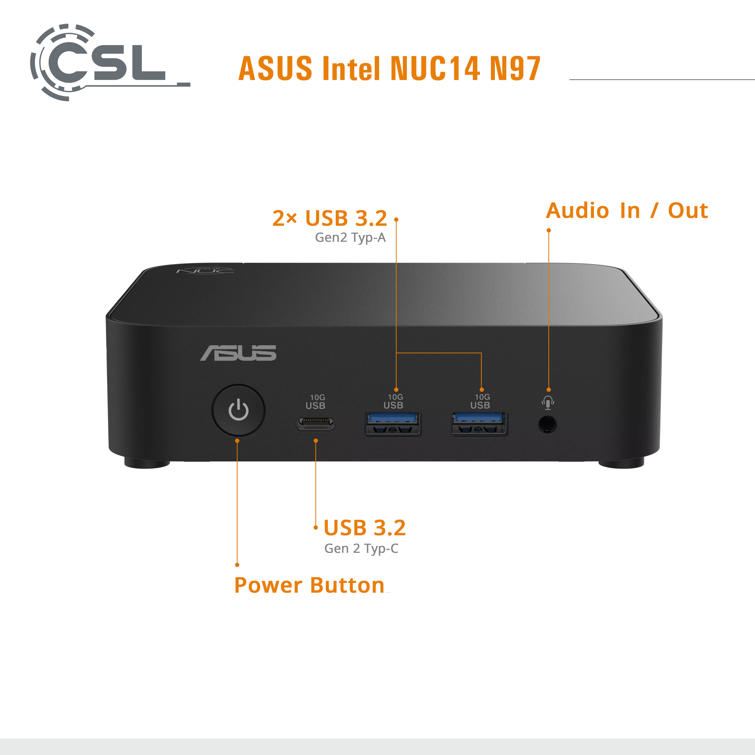Zwarte ASUS NUC 14 met poorten: 2x USB-A, 1x USB-C, Audio In/Out.