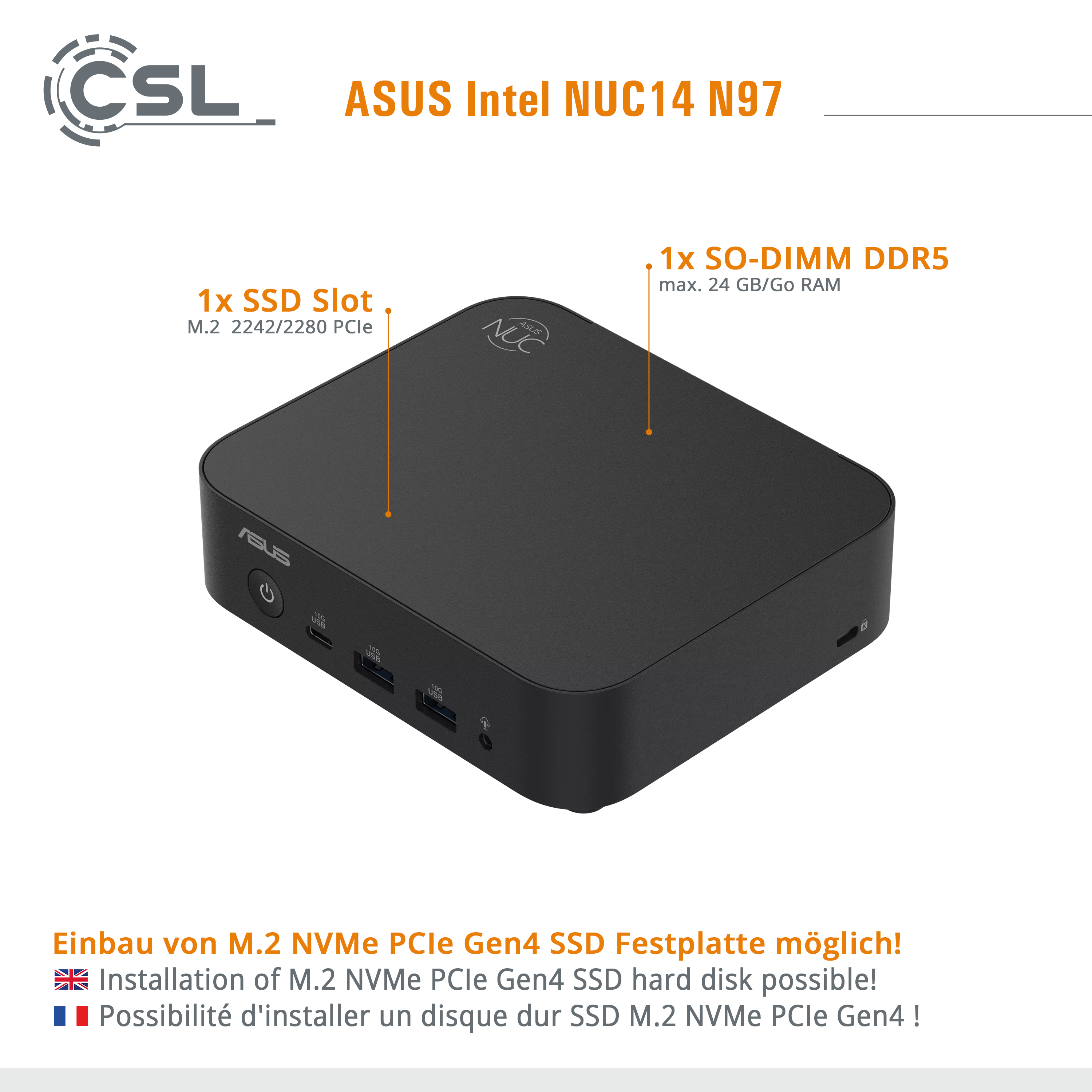 Zwarte ASUS Intel NUC 14 met poorten, SSD-slot en RAM-indicator.