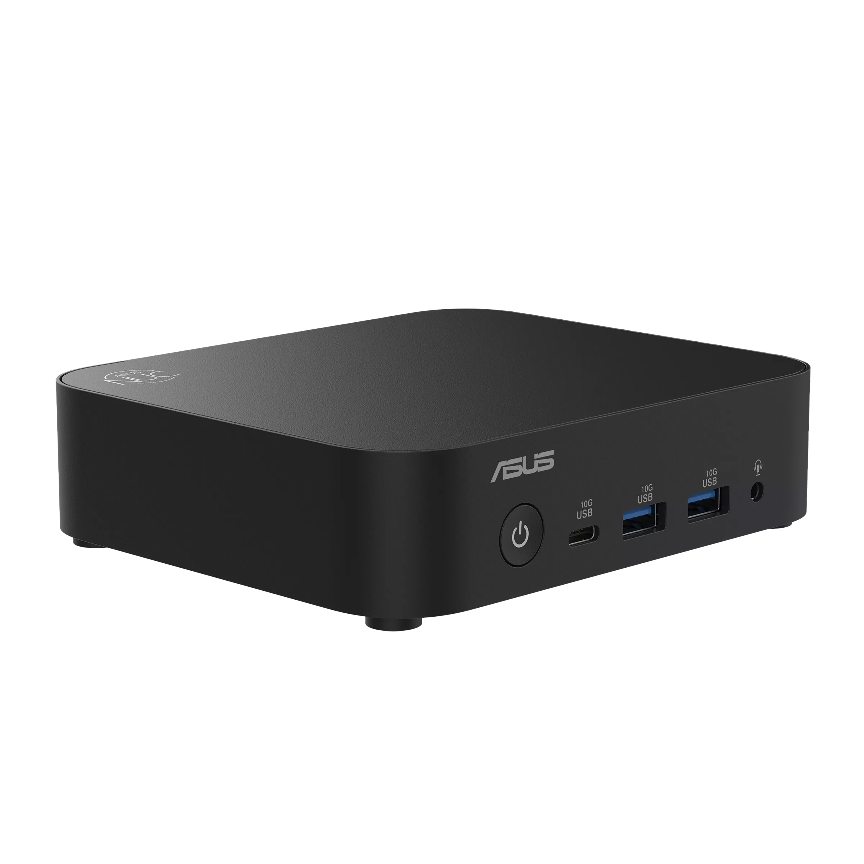 Een zwarte ASUS mini-pc met aan/uitknop en USB-poorten.