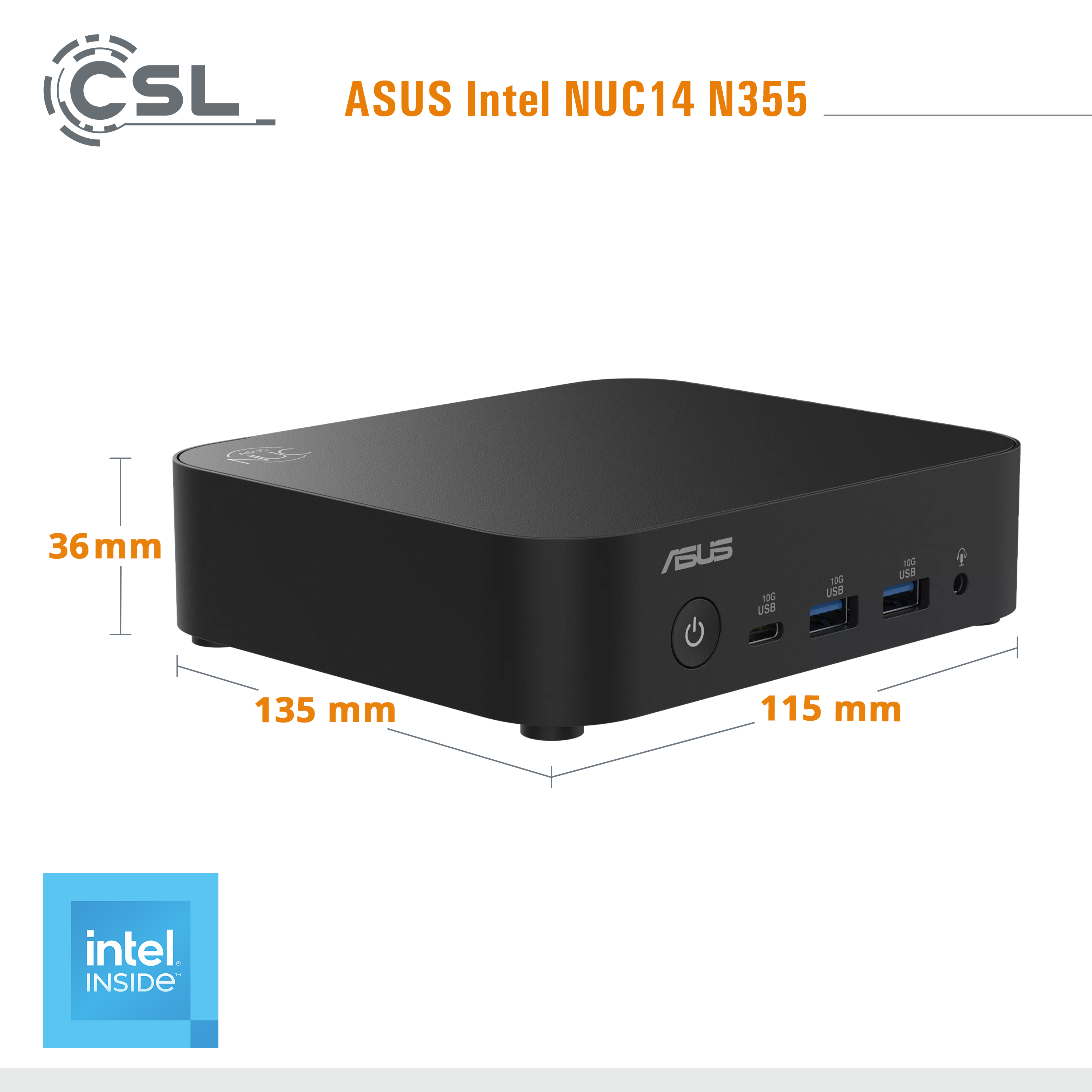 Schwarzer ASUS Intel NUC 14 Mini-PC mit USB-Anschlüssen und Intel Inside Logo.