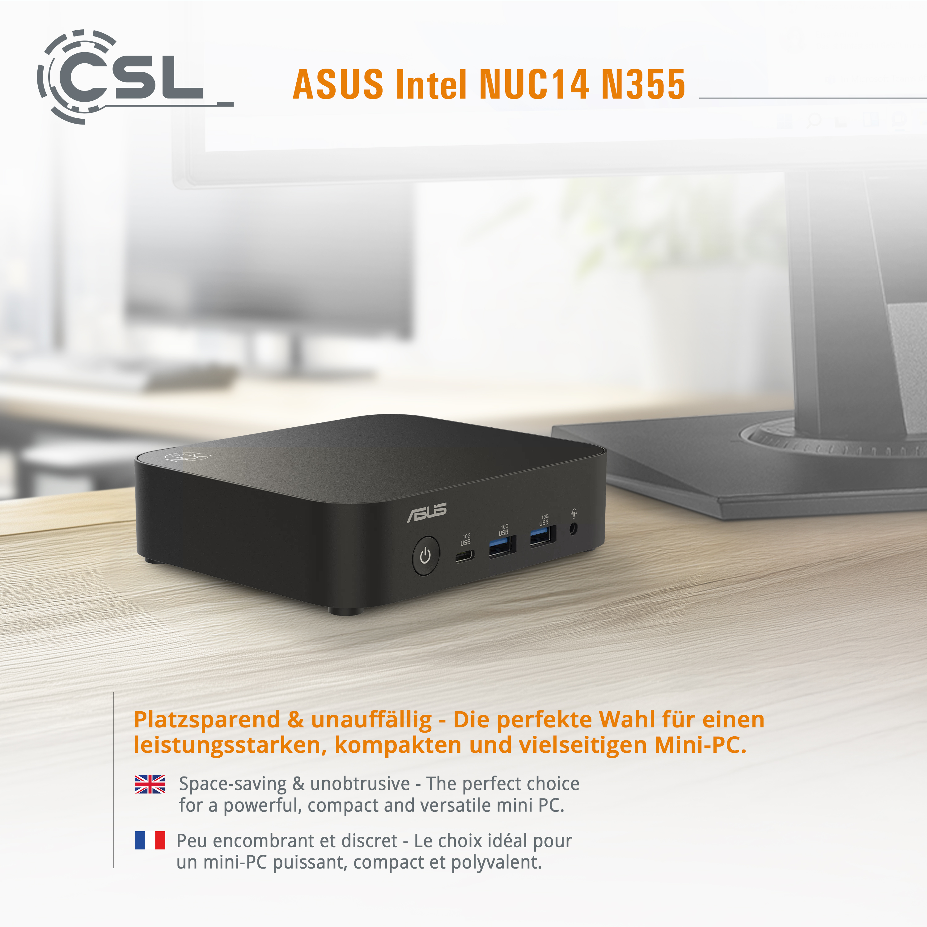 Zwarte ASUS mini-pc met poorten aan de voorzijde op een houten bureau.