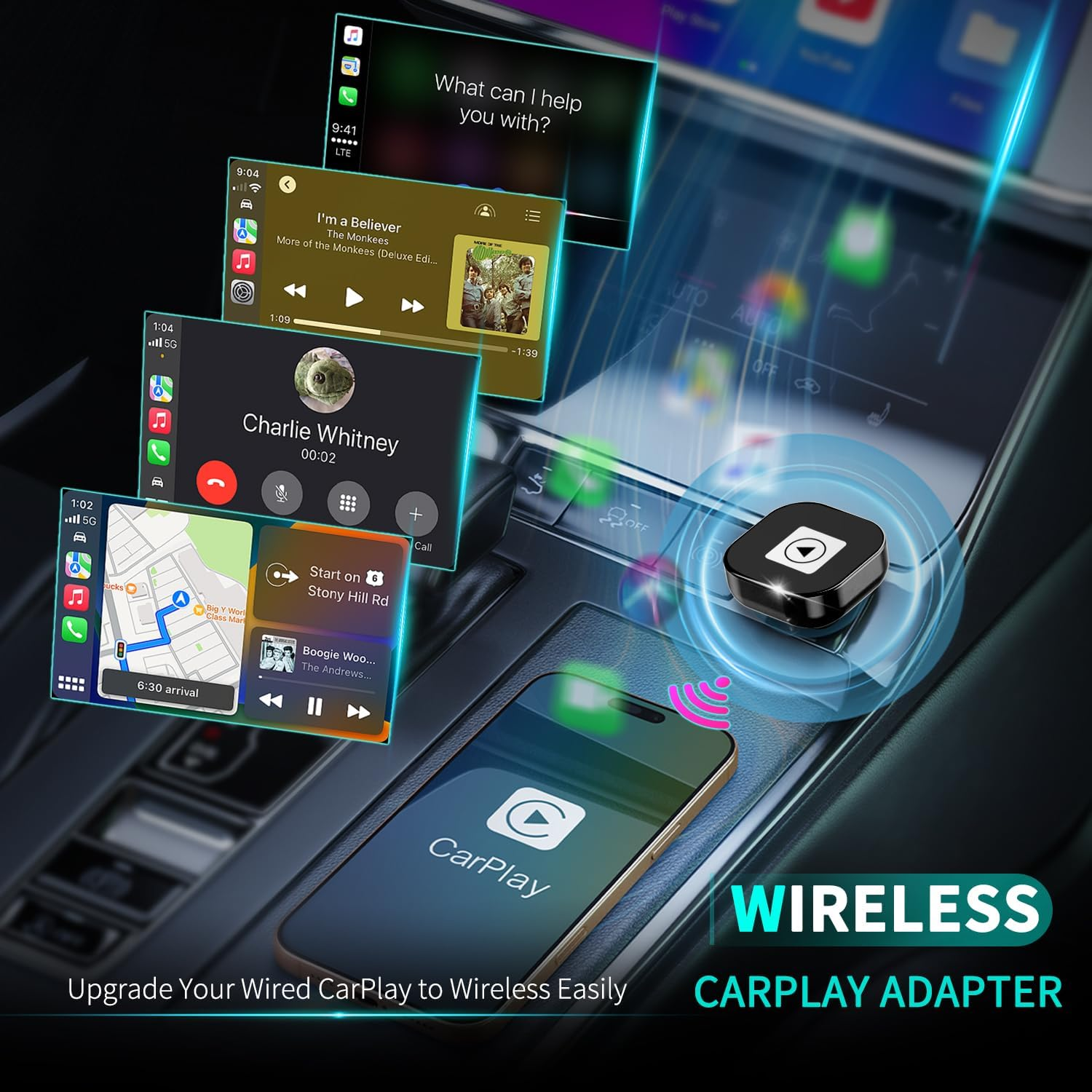 Ein Smartphone ist mit einem drahtlosen CarPlay-Adapter verbunden, der mehrere App-Fenster anzeigt.