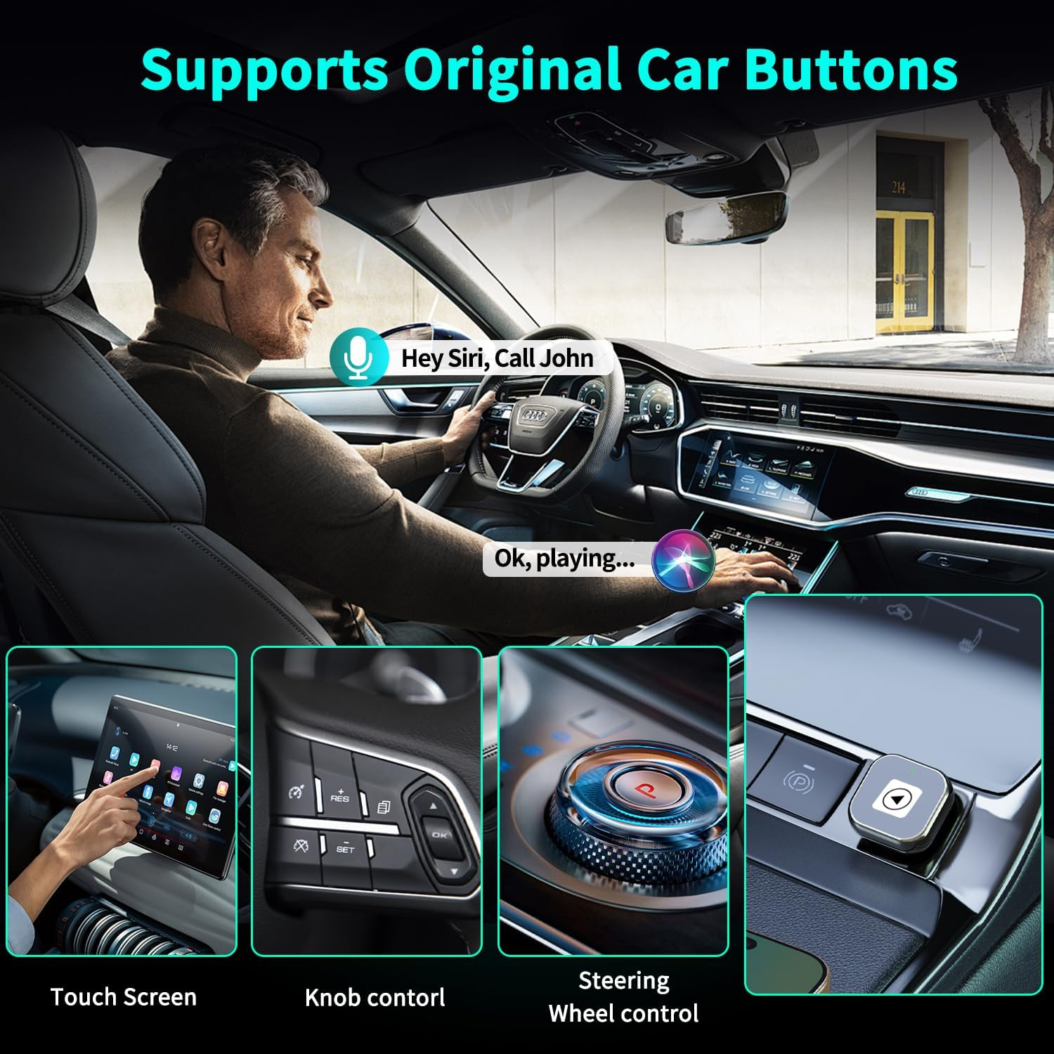 Mann fährt ein Auto, mit Touchscreen, Knopf und Lenkradsteuerung.