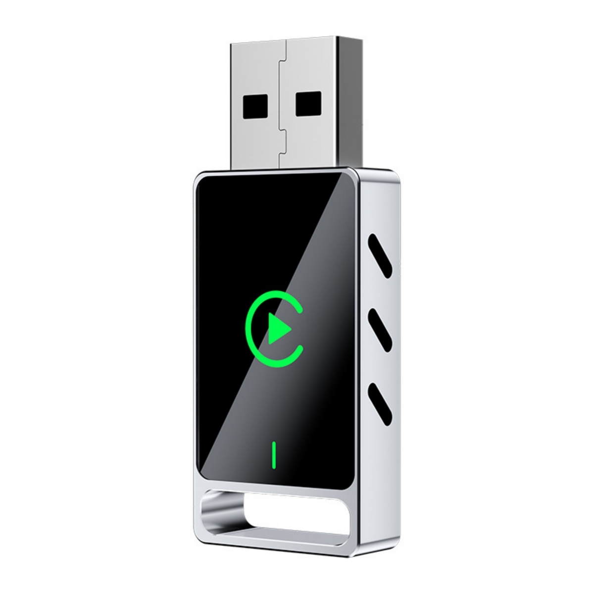 Ein silberner USB-Adapter mit schwarzer Vorderseite und grünen Play-Symbol.