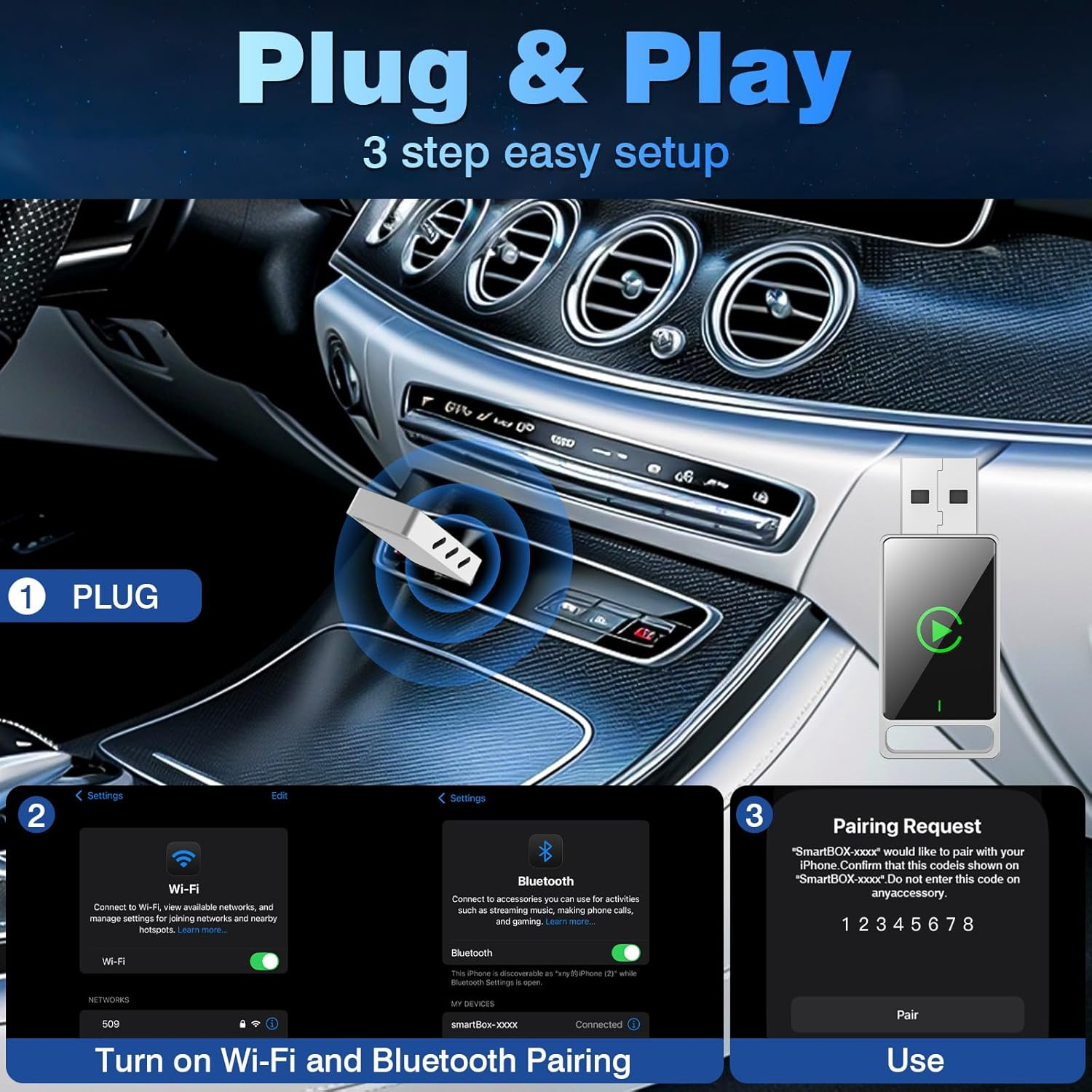 Ein USB-Adapter wird in ein Auto gesteckt, dann Wi-Fi und Bluetooth koppeln.