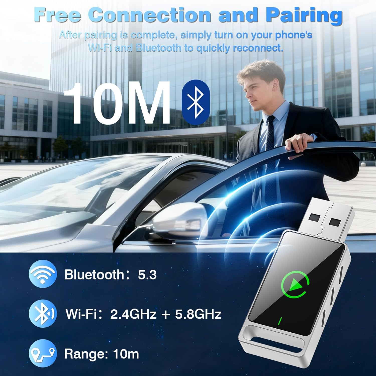 Mann neben Auto mit USB-Adapter. Text: 10M, Bluetooth 5.3, Wi-Fi 2.4/5.8GHz.