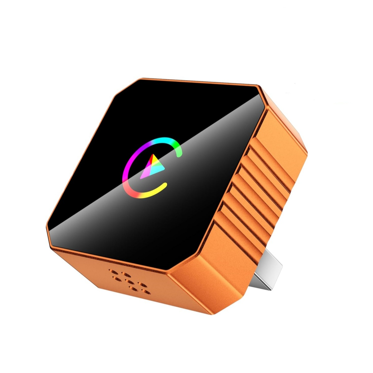 Orangefarbener Würfel mit schwarzer Oberseite und farbigem Play-Symbol.