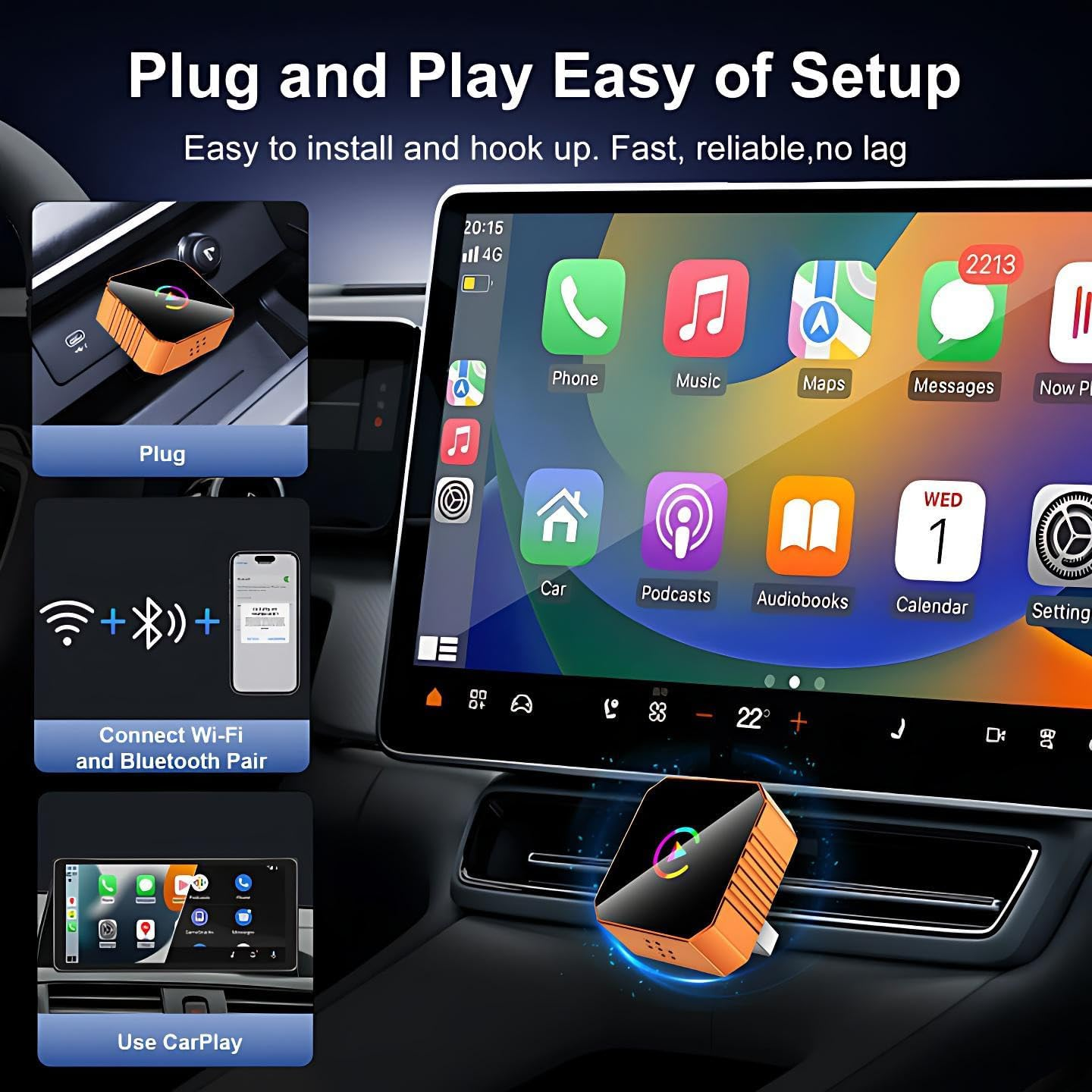 Orange CarPlay-Adapter in einem Auto mit einer Smartphone-Oberfläche.