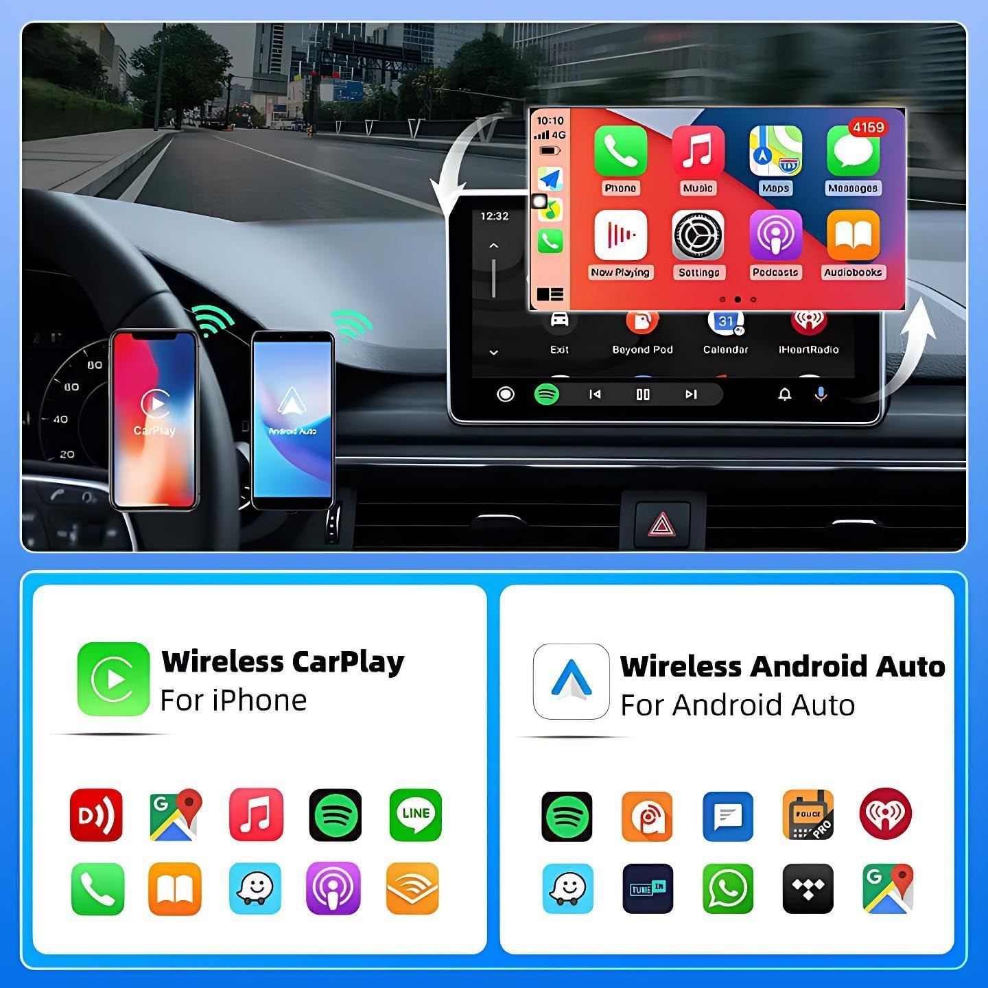 Auto-Infotainment mit CarPlay und Android Auto. Smartphones zeigen App-Icons.