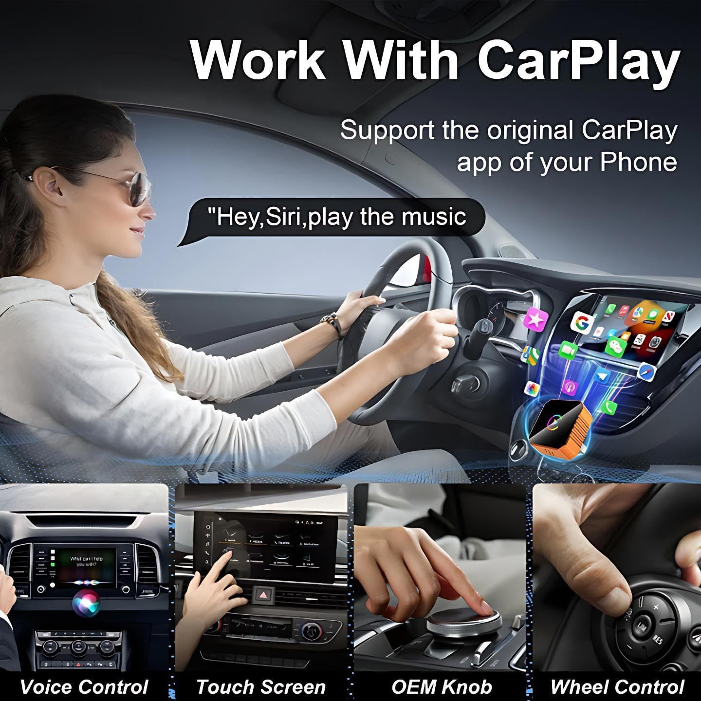 Frau fährt Auto, nutzt CarPlay per Sprache, Touchscreen, Drehknopf und Lenkradsteuerung.