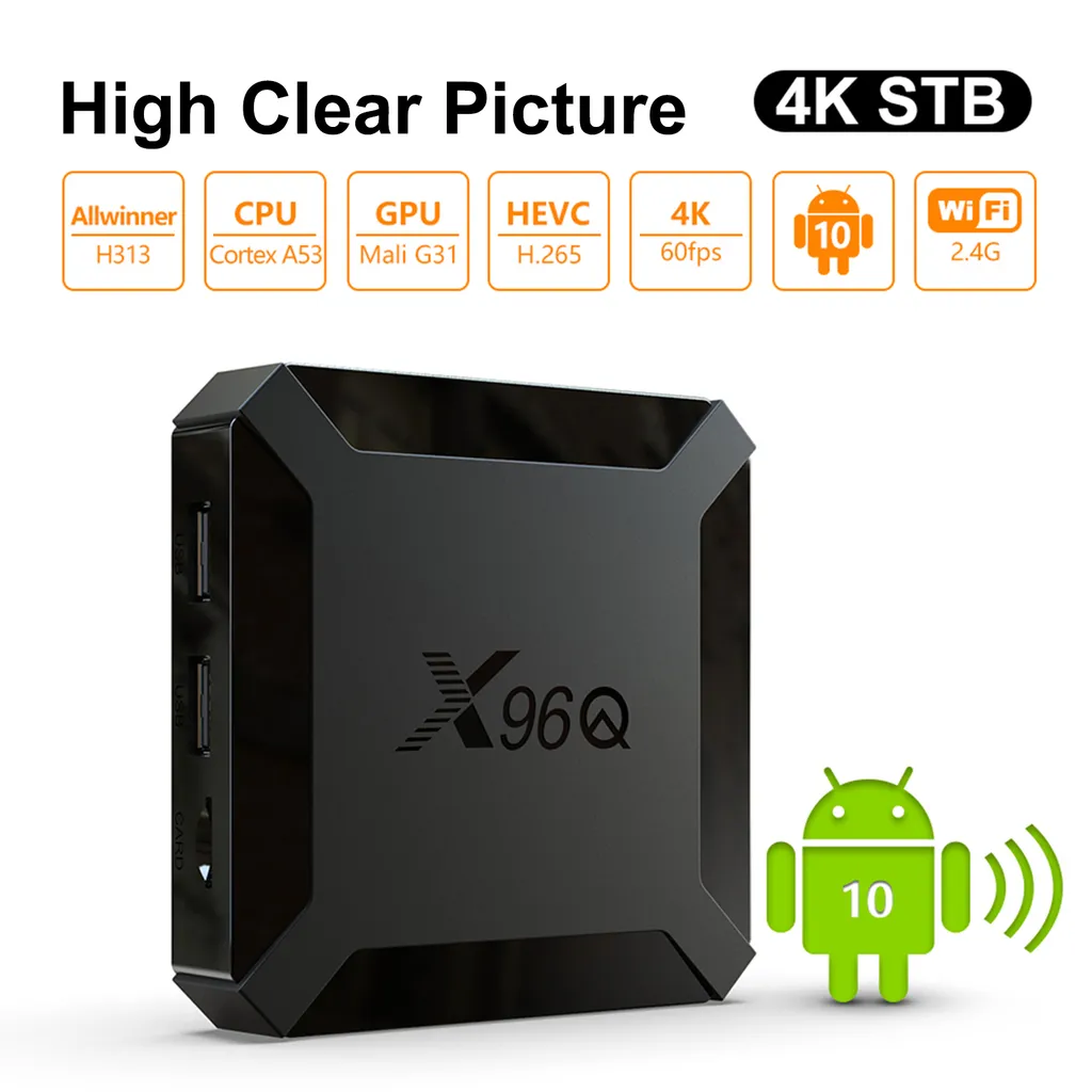 Schwarzer X96Q 4K STB mit Android 10 Symbol und technischen Spezifikationen.