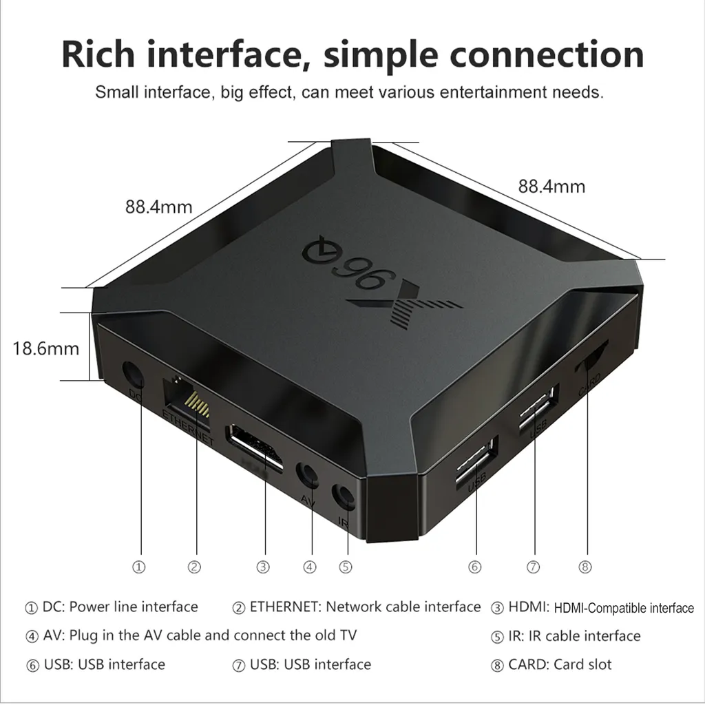 Schwarze Set-Top-Box mit Anschlüssen: DC, Ethernet, HDMI, AV, IR, USB, Card Slot.