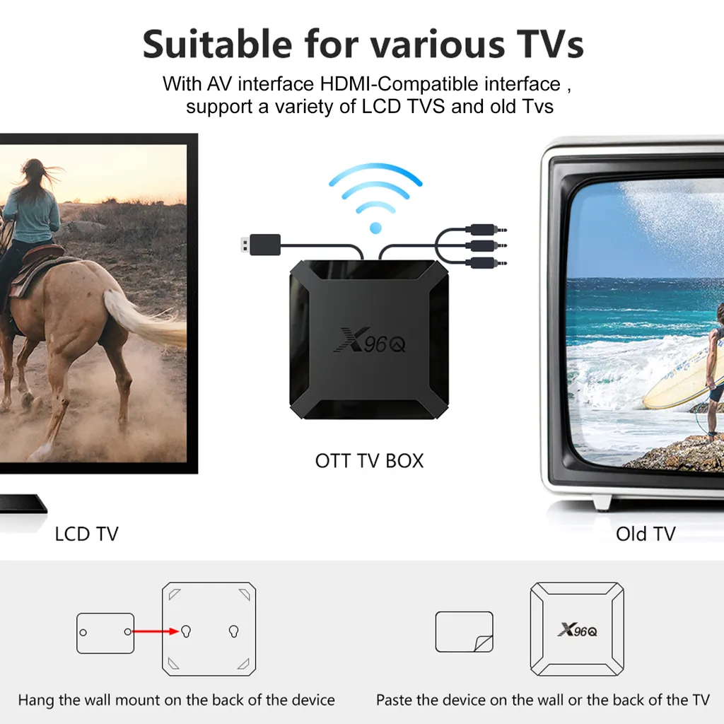 Ein OTT TV-Box mit Kabeln, daneben ein LCD- und ein Röhrenfernseher.