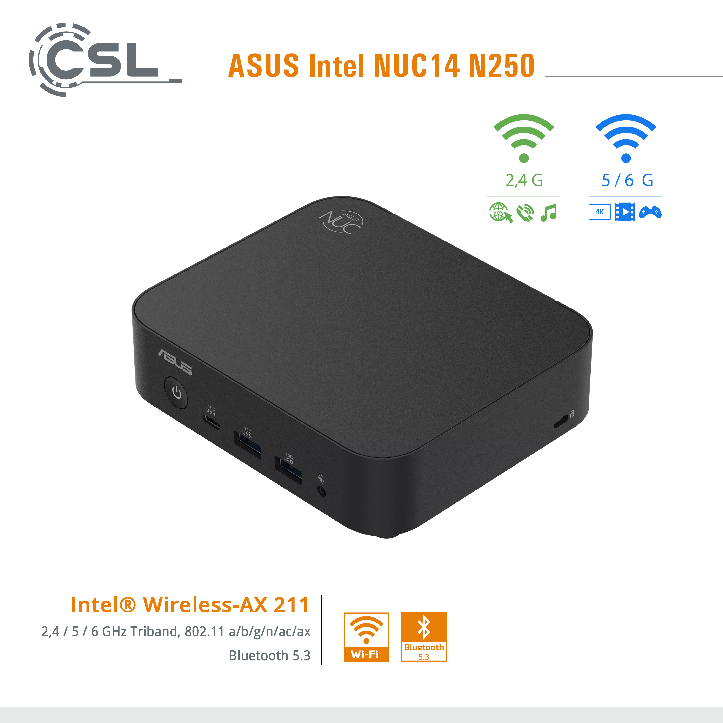 Zwarte ASUS Intel NUC14 N250 mini-pc met poorten en netwerkiconen.