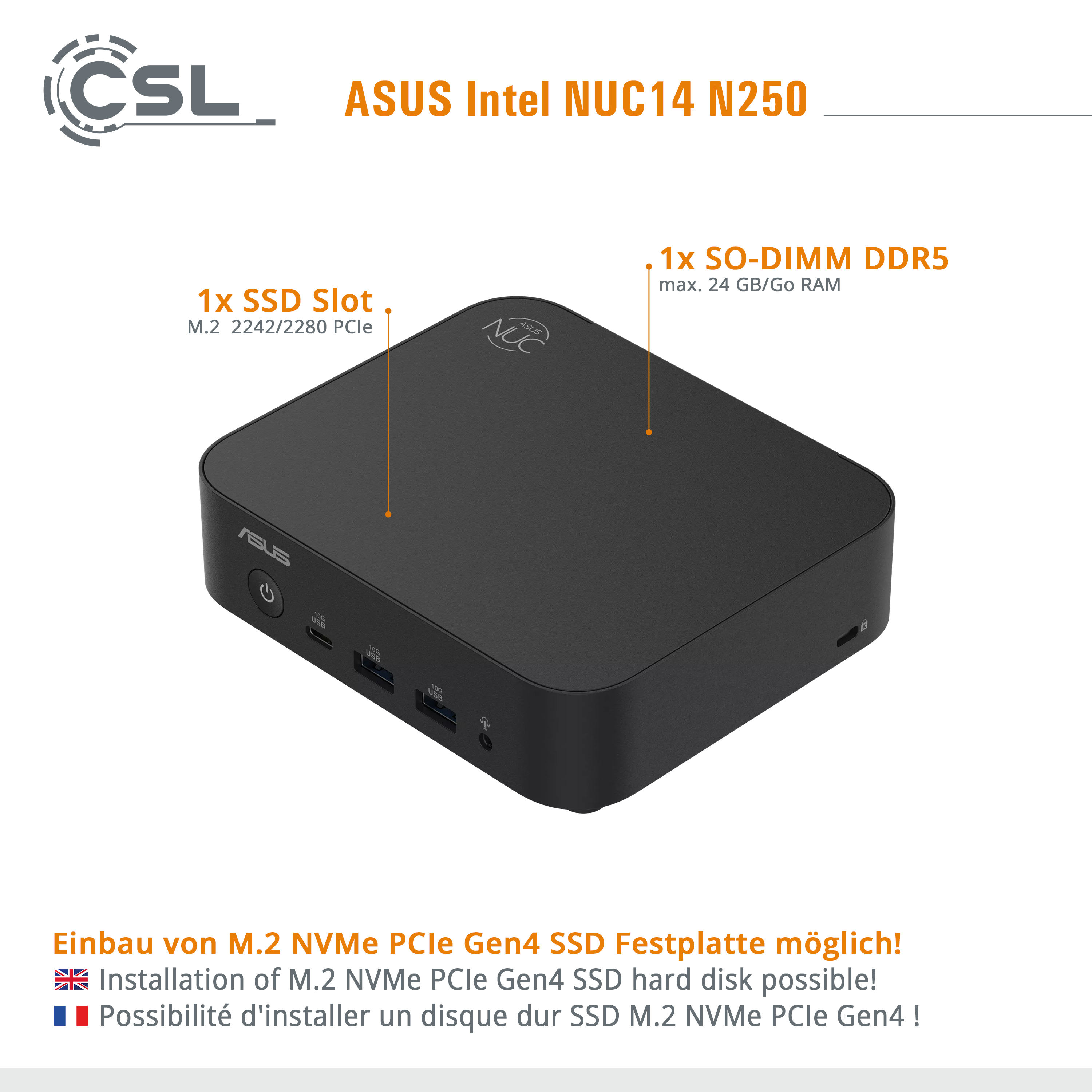 Zwarte ASUS NUC14 N250 mini-pc met poorten en labels.