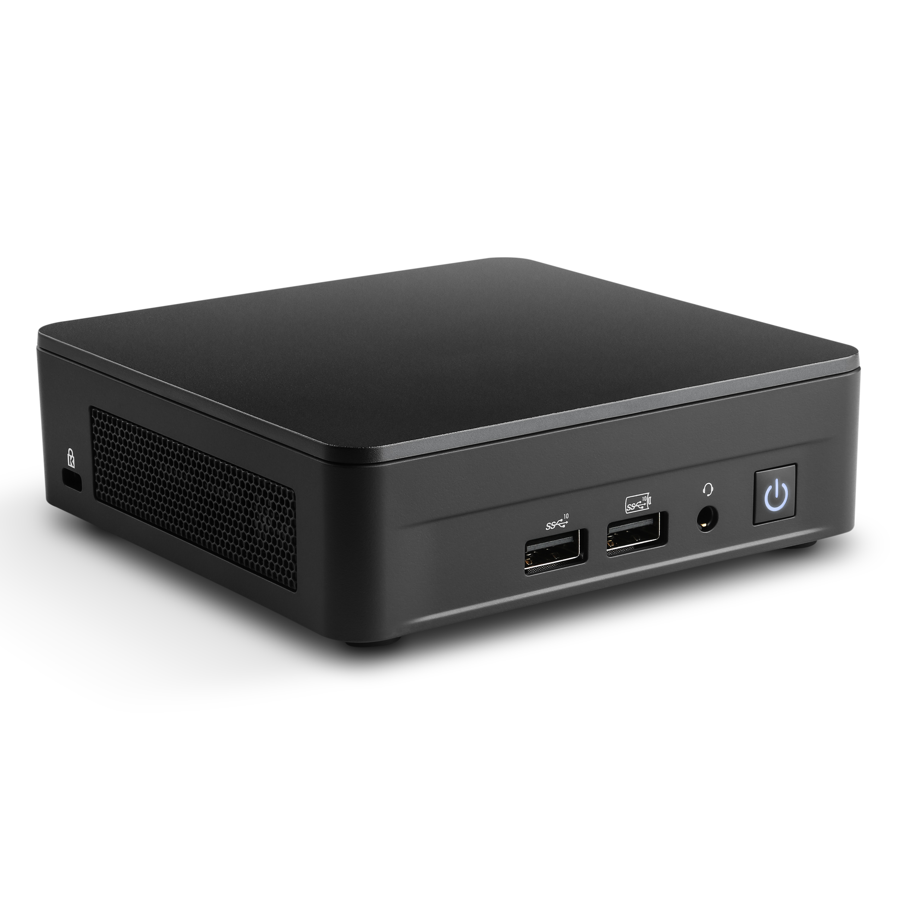 Een compacte zwarte computer met USB-poorten en een aan/uit-knop.
