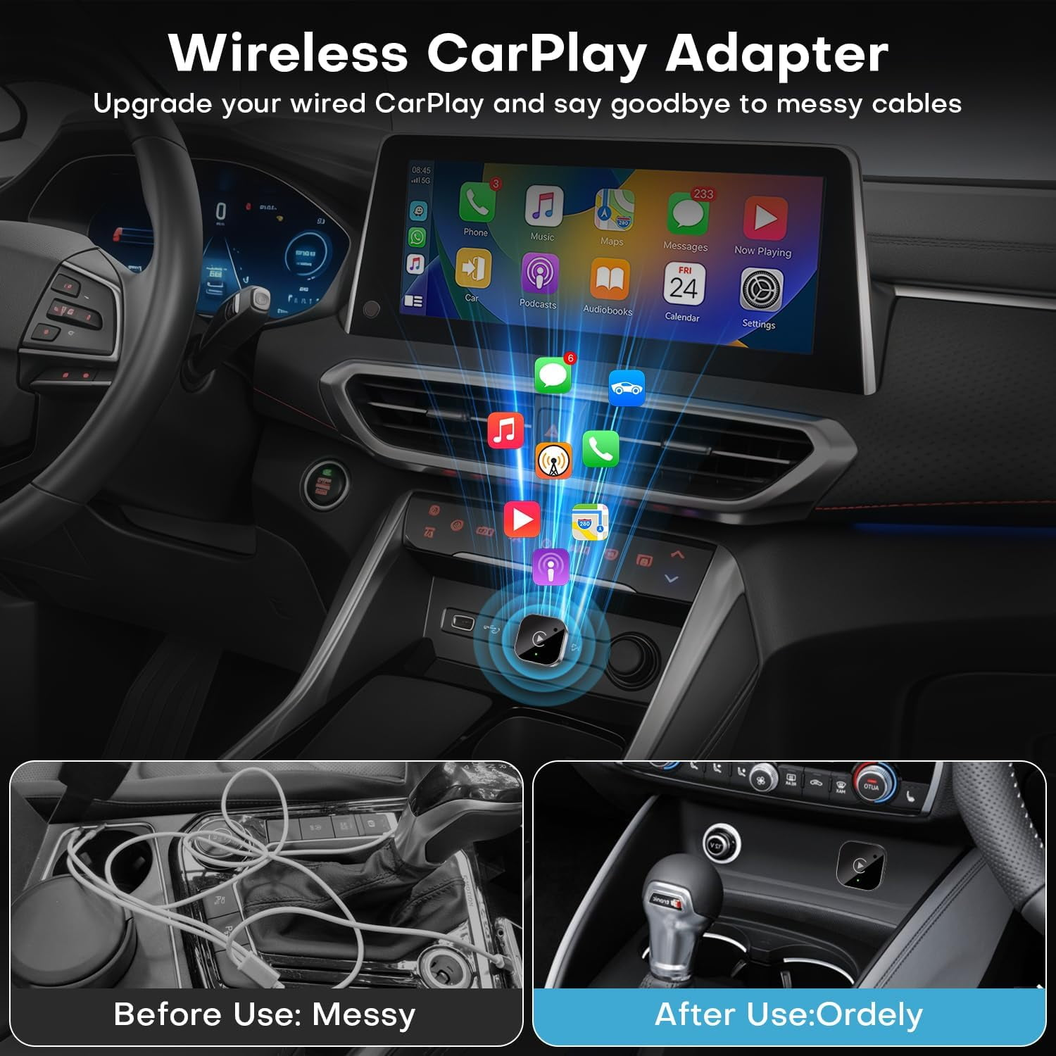 Ein kabelloser CarPlay-Adapter verbessert das Auto-Infotainmentsystem und zeigt Apps an.