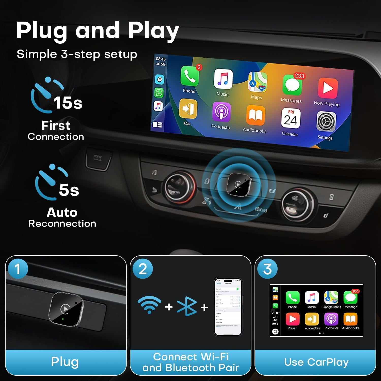 Anleitung zur Einrichtung von CarPlay: Anschließen, Koppeln und Nutzen. 15s Erstverbindung, 5s Wiederverbindung.