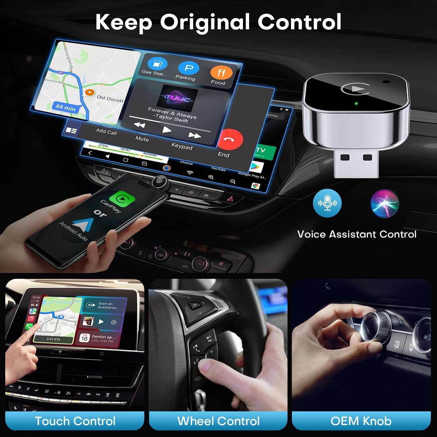 Auto-Infotainment mit Touch-, Rad- und OEM-Knopfsteuerung, Sprachassistenten und USB-Adapter.