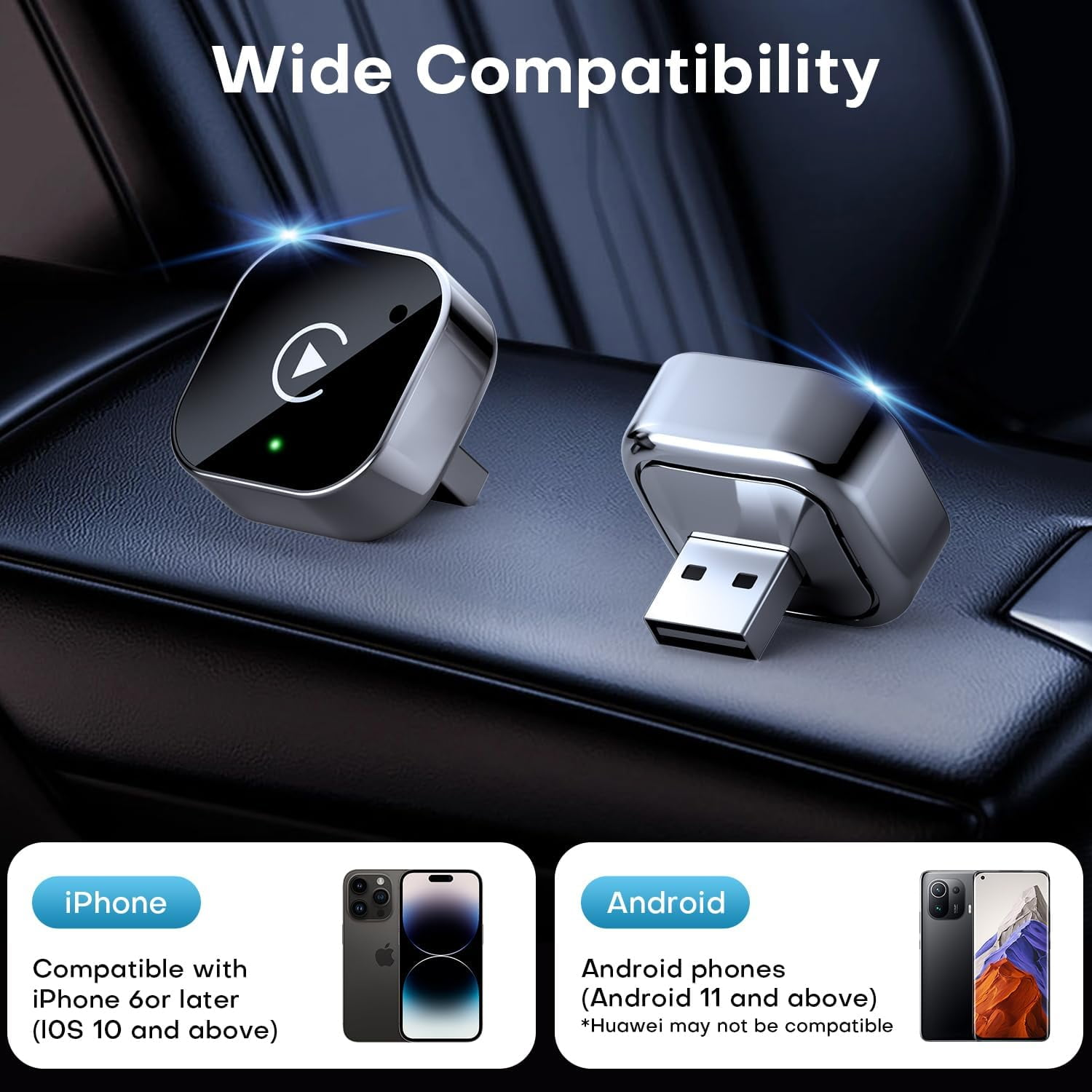 Zwei silberne Adapter mit USB-Stecker auf einem dunklen, gepolsterten Hintergrund.