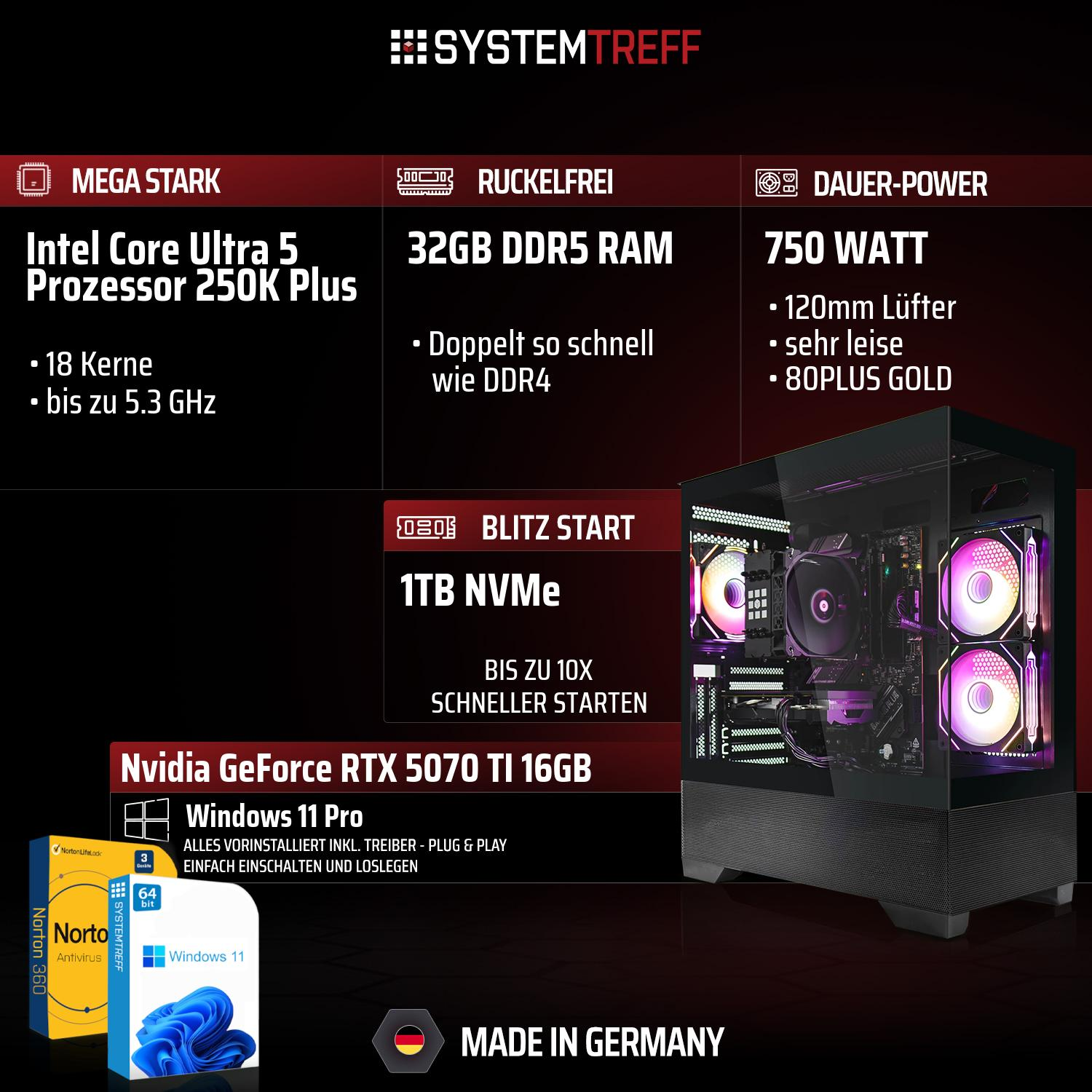 Hochleistungs-PC mit Intel Core Ultra 5, 32GB DDR5, 1TB NVMe, RTX 5070 Ti. Made in Germany.