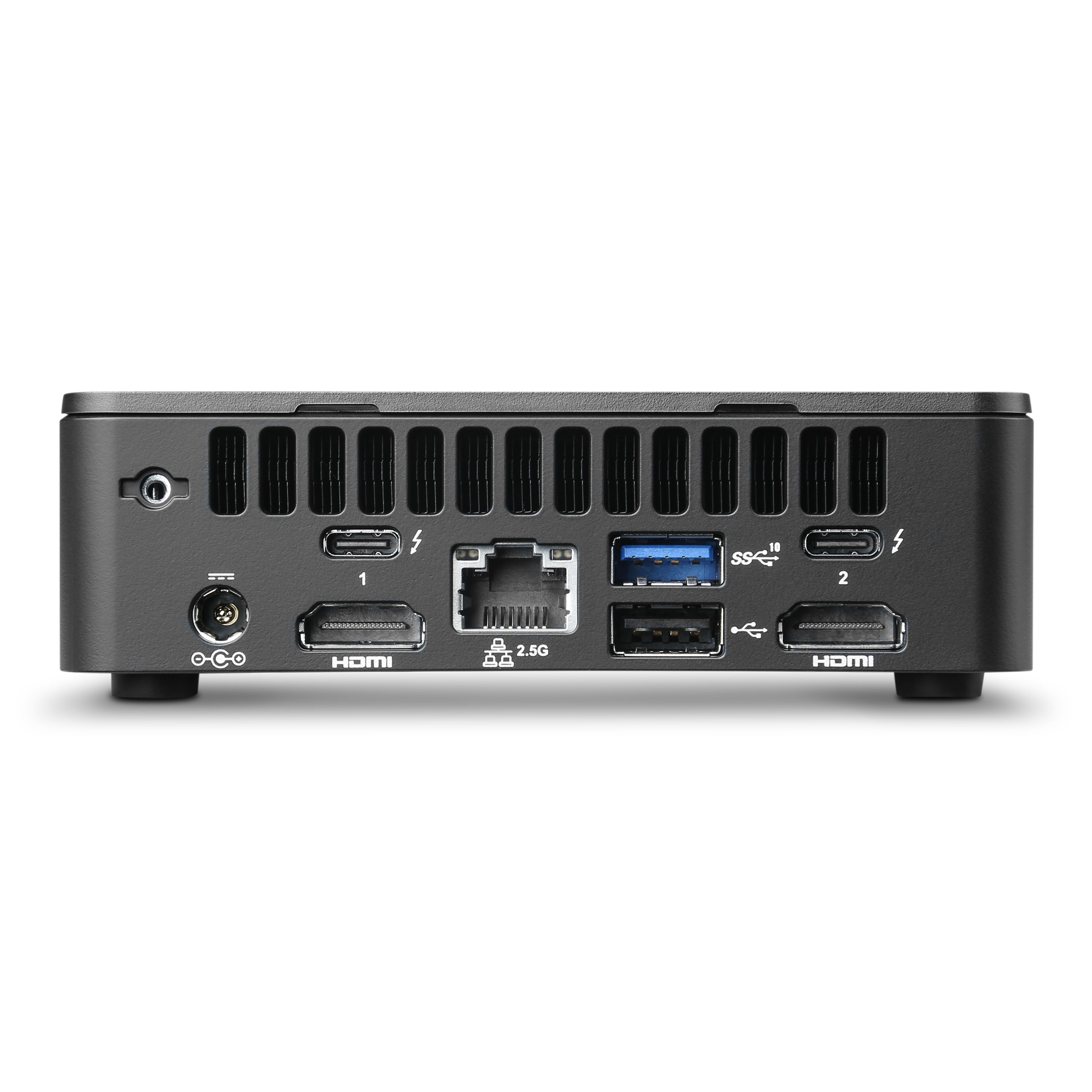 Achterkant van een zwarte mini-pc met poorten: stroom, HDMI, USB, Ethernet.