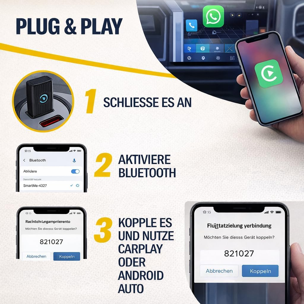 Anleitung für Plug & Play: Gerät anschließen, Bluetooth aktivieren, koppeln und Auto-Apps nutzen.