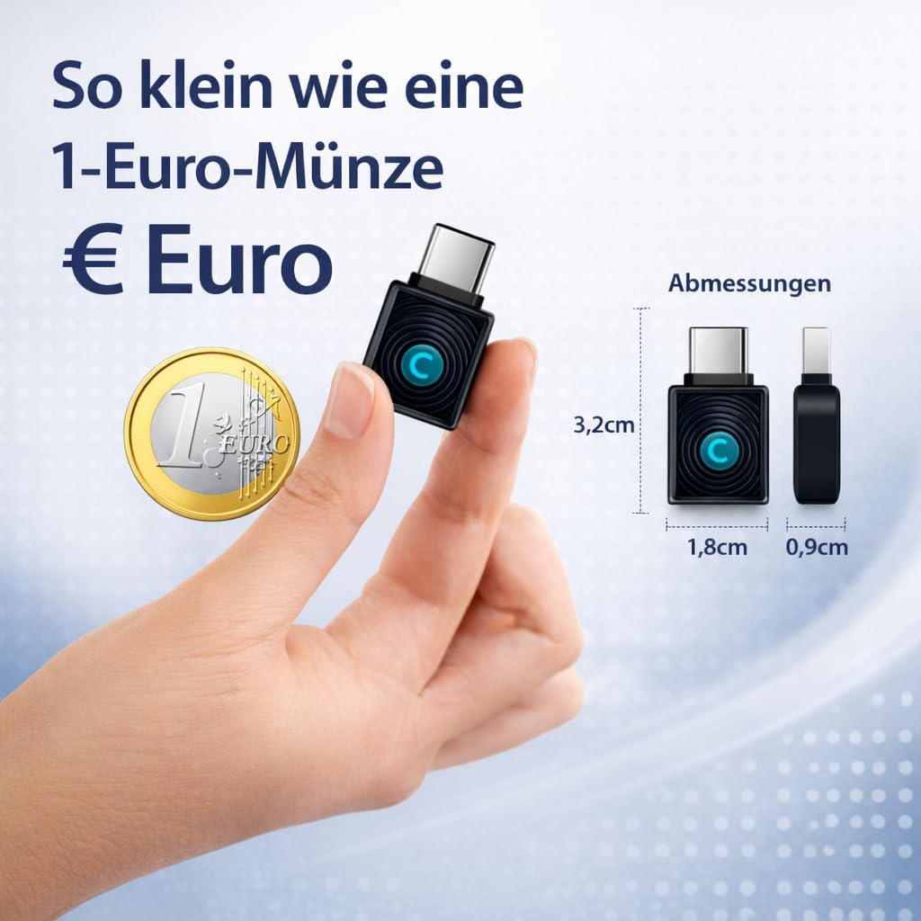 Ein kleiner schwarzer USB-C-Adapter wird neben einer 1-Euro-Münze gehalten. Maße angegeben.