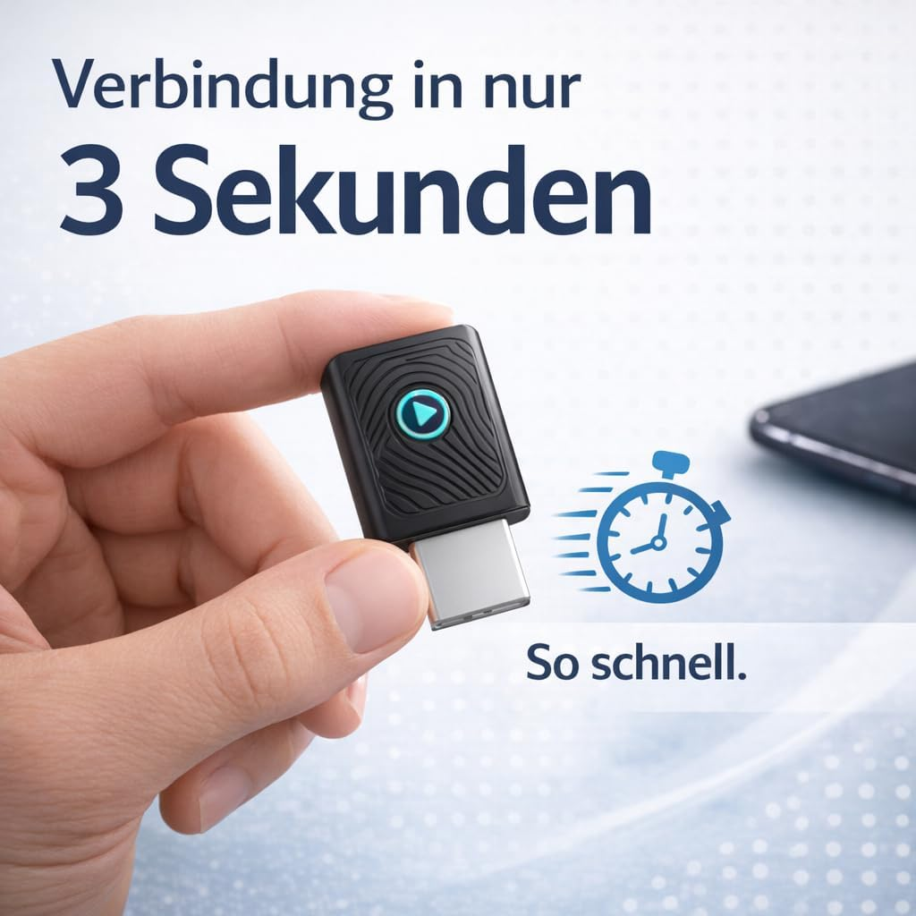 Ein schwarzer USB-C-Adapter mit blauem Wiedergabesymbol in einer Hand, daneben ein Smartphone und eine Stoppuhr.