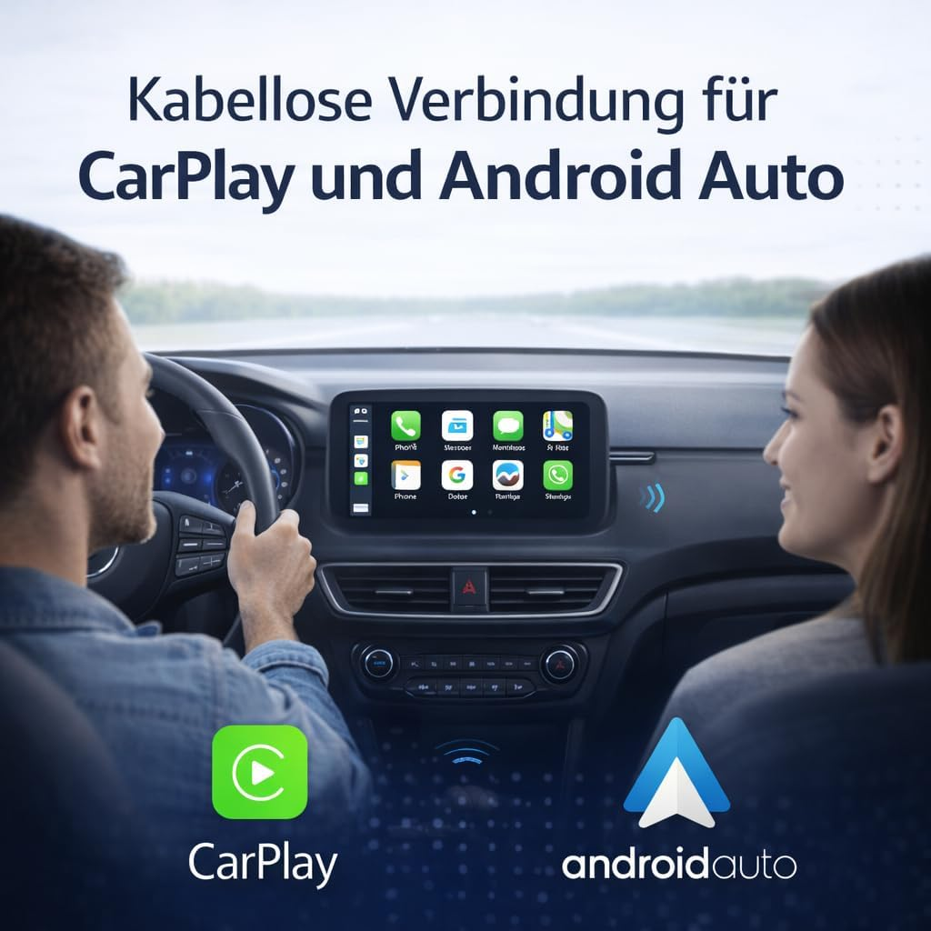 Ein Mann fährt Auto, der Bildschirm zeigt CarPlay und Android Auto Logos.