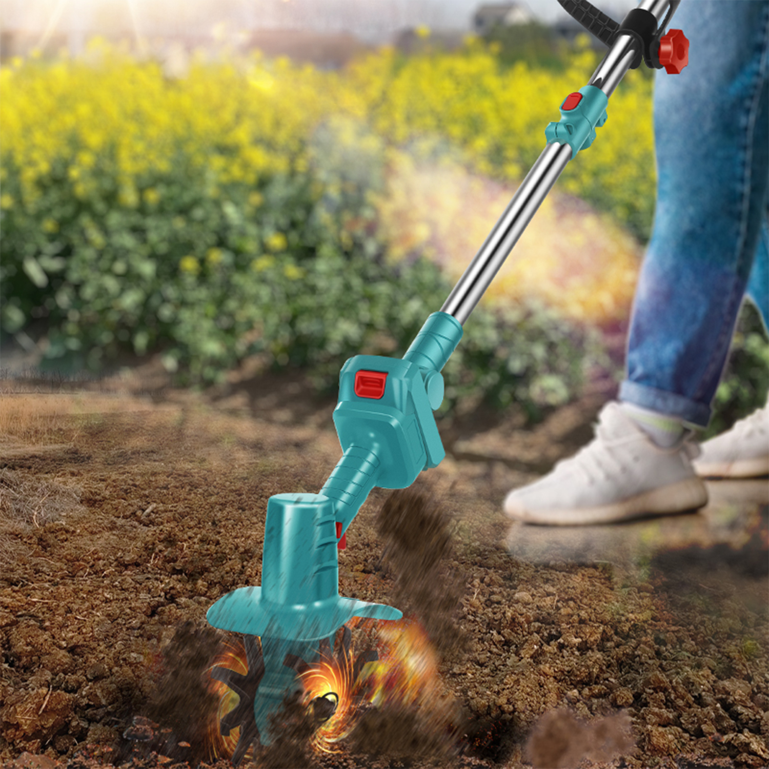 Tagliaerba che lavora il terreno vicino a fiori gialli. Persona in jeans e scarpe bianche lo opera.